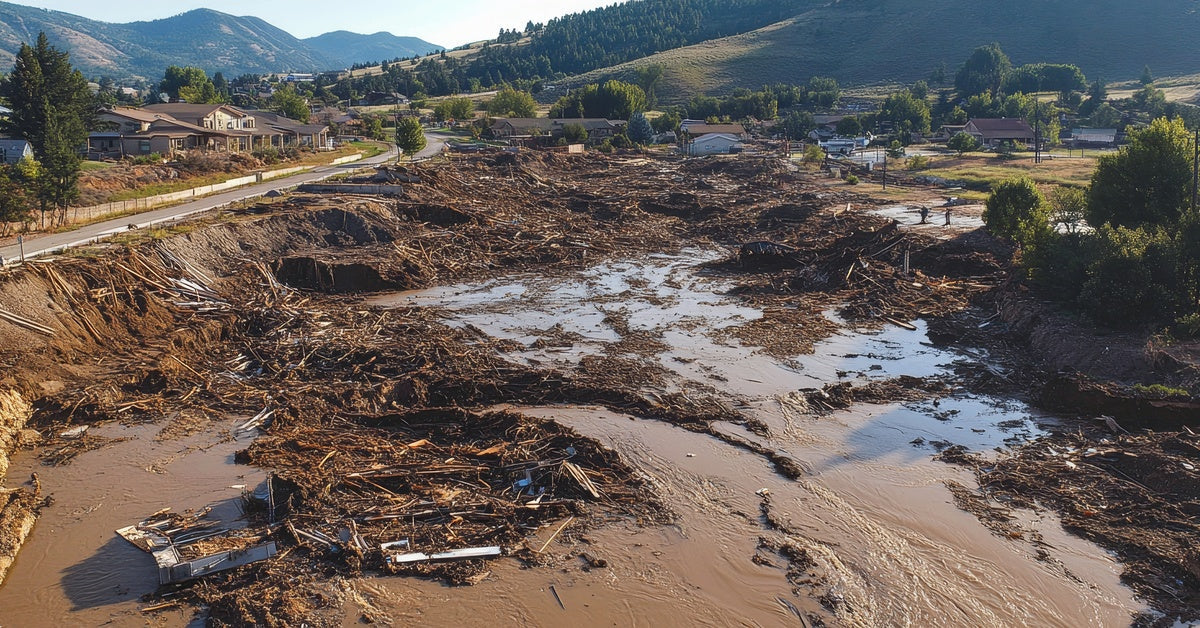 An aerial view of a mudslide with debris, water, damaged buildings, and some untouched houses near trees.