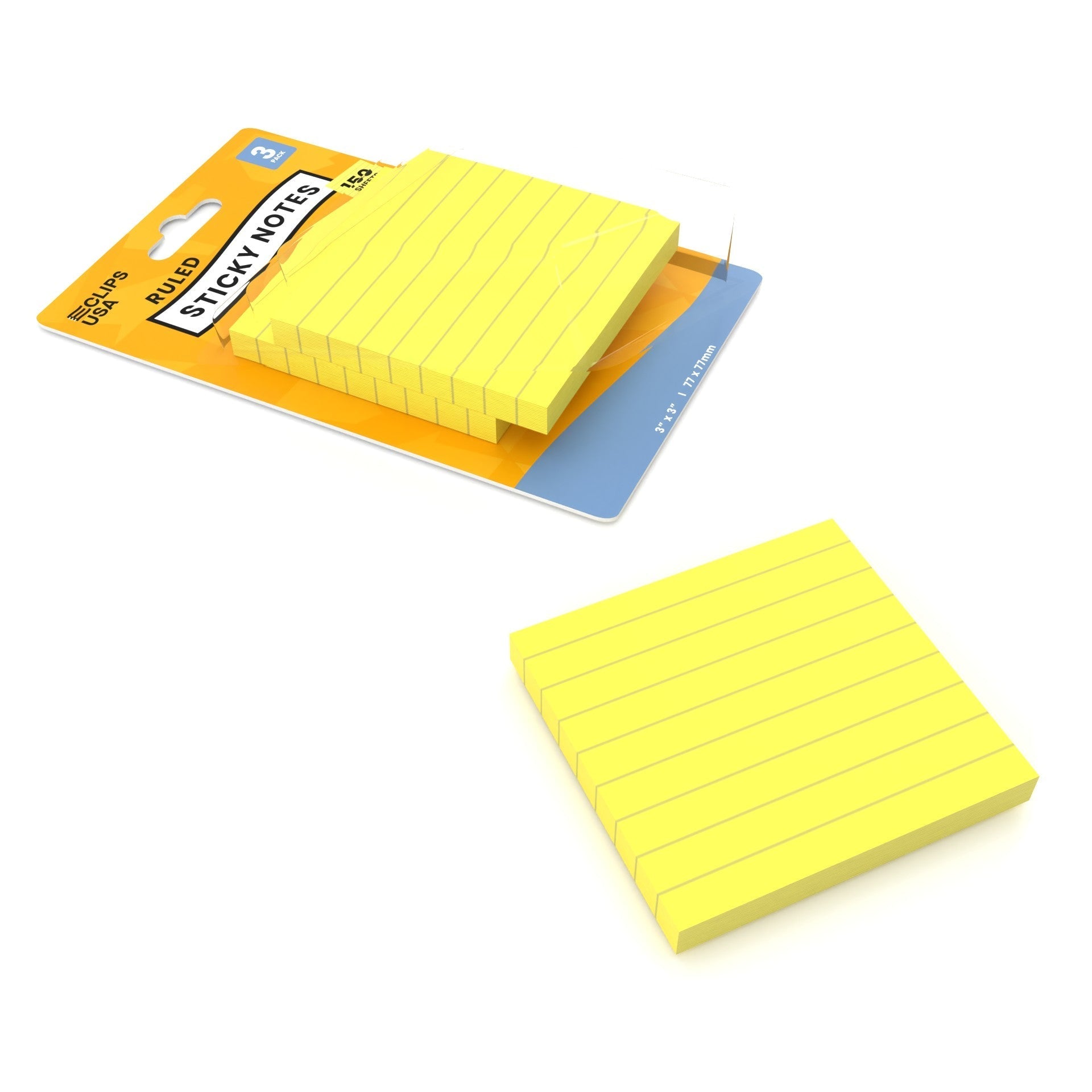 Yellow Ruled Sticky Notes - 3 X 3 Inches, 150 (3 Pads Of 50) Sheets