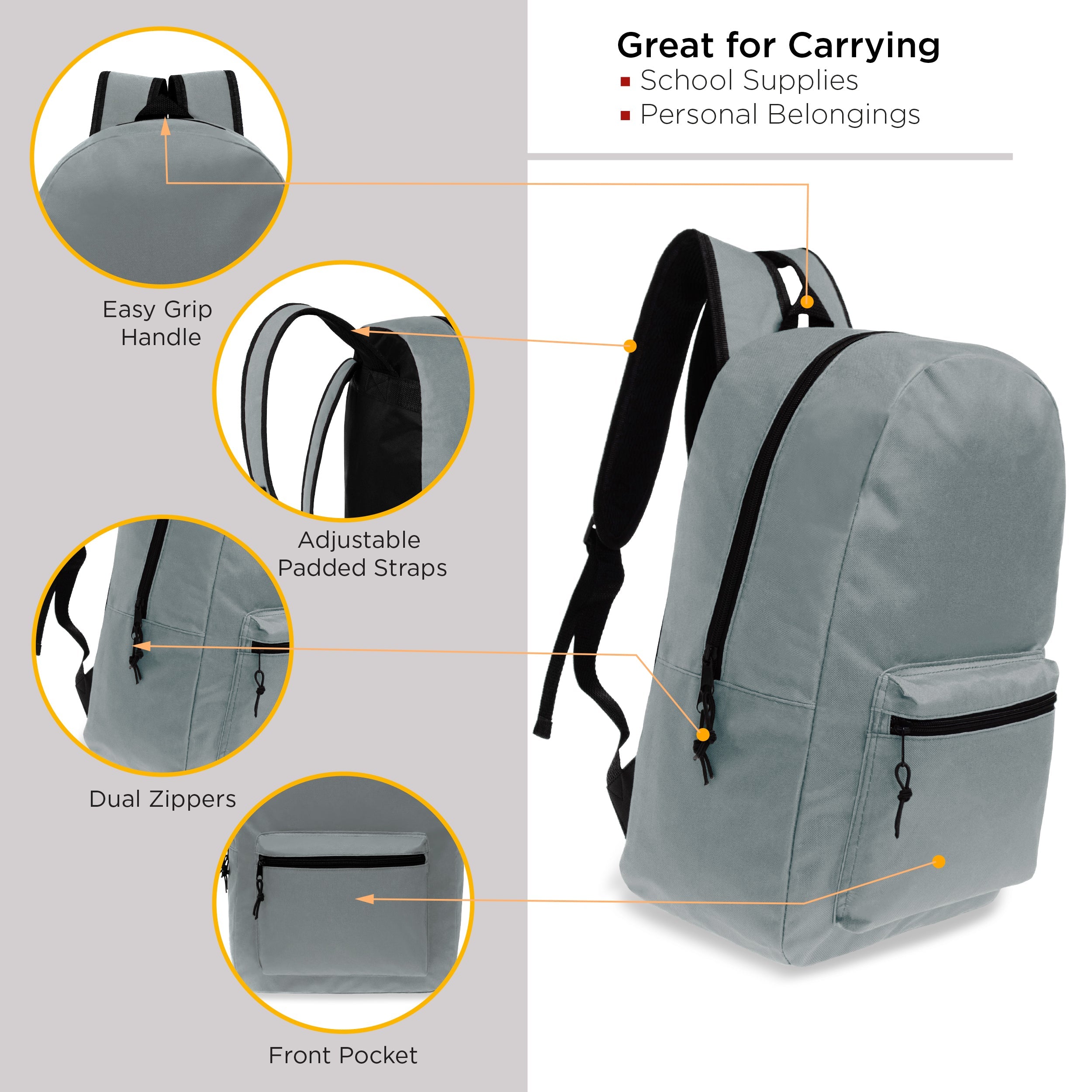 17" Kids Basic Wholesale Backpack in Gray - Bulk Case of 24 Bookbags