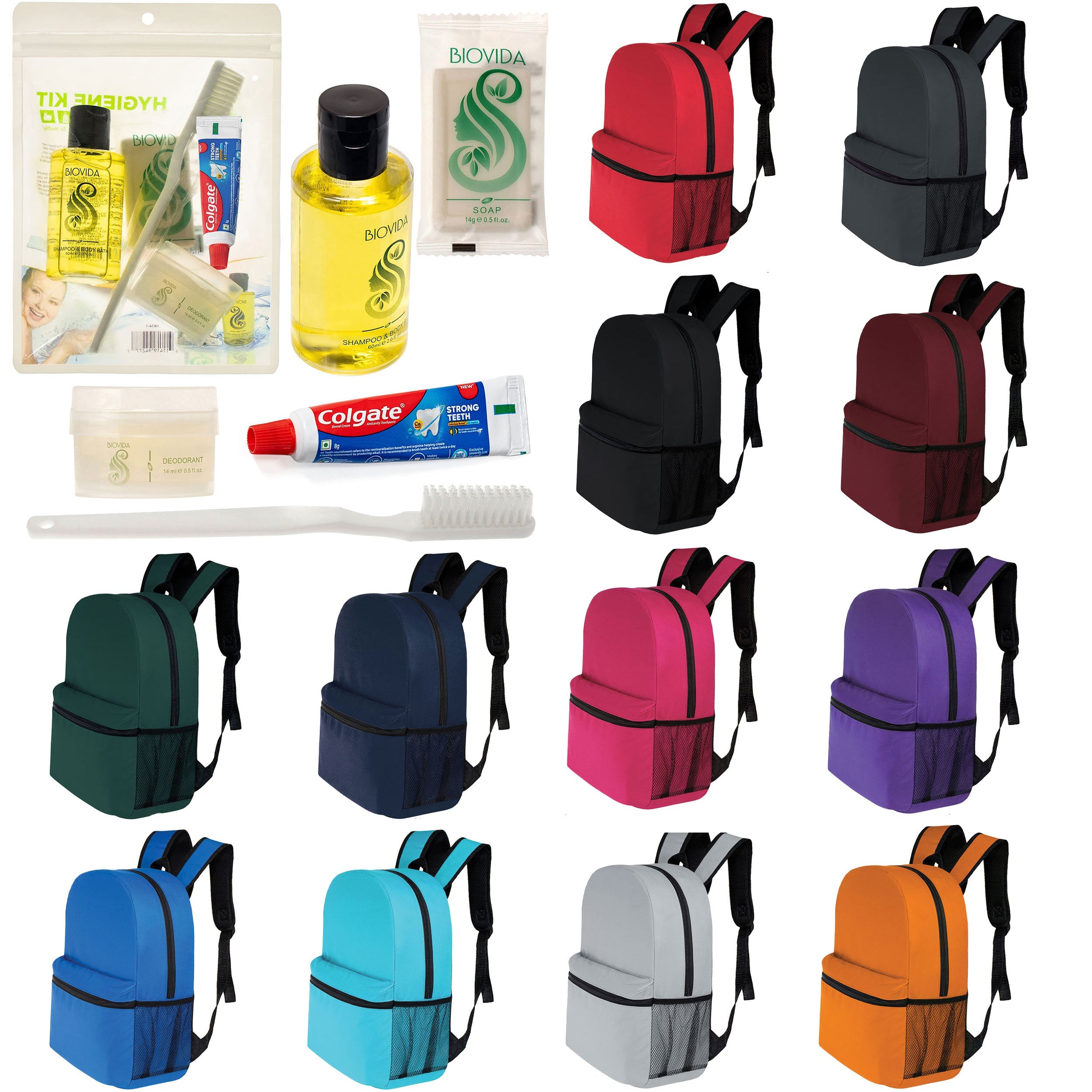 12 Basic 16" Backpacks in 12 Colors with a Side Pocket & Your Choice of 12 Bulk Hygiene Kits - Wholesale Care Package: Homeless, Emergency, Charity
