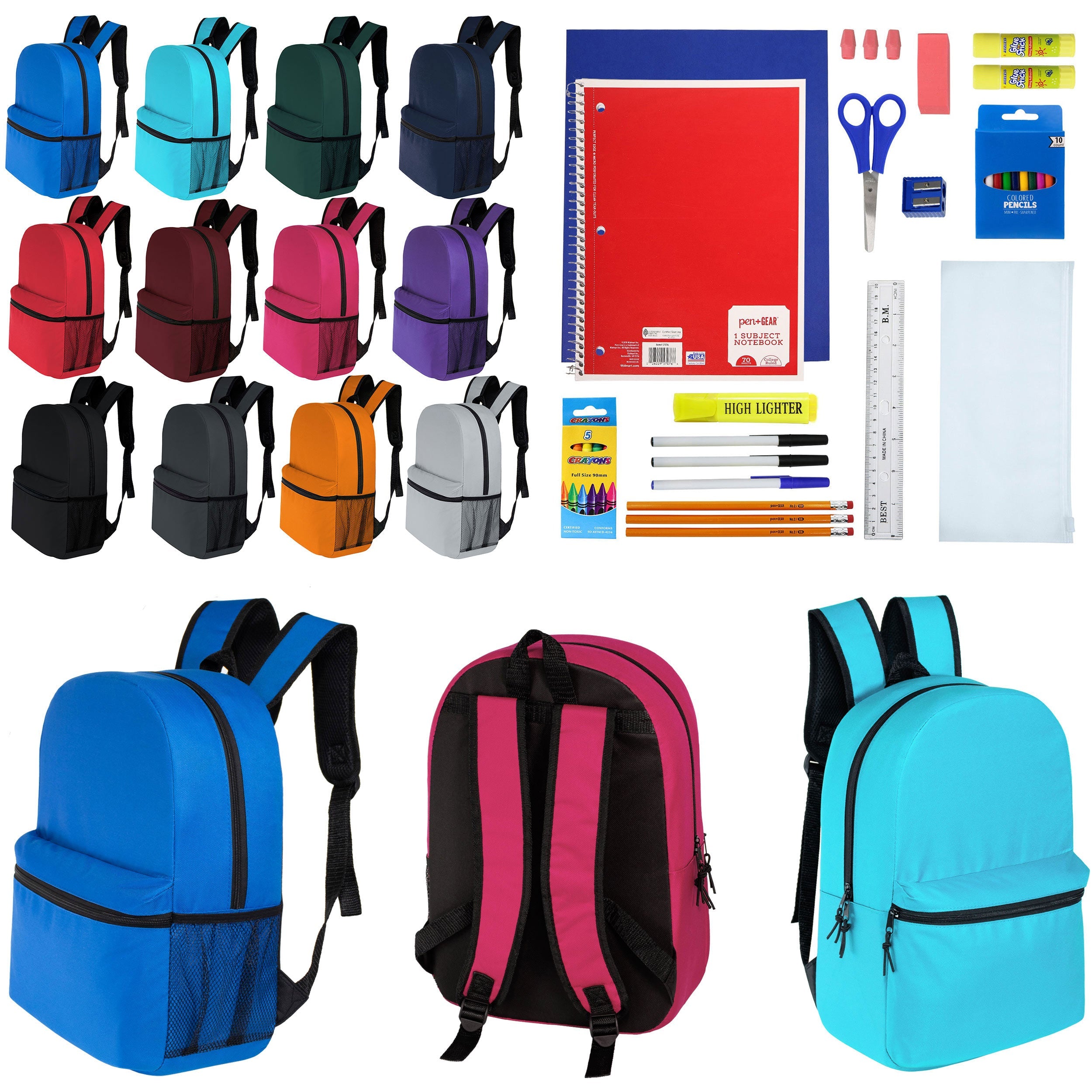 12 Wholesale 17" Classic Backpacks in 12 Assorted Colors & 12 Bulk School Supply Kits of Your Choice