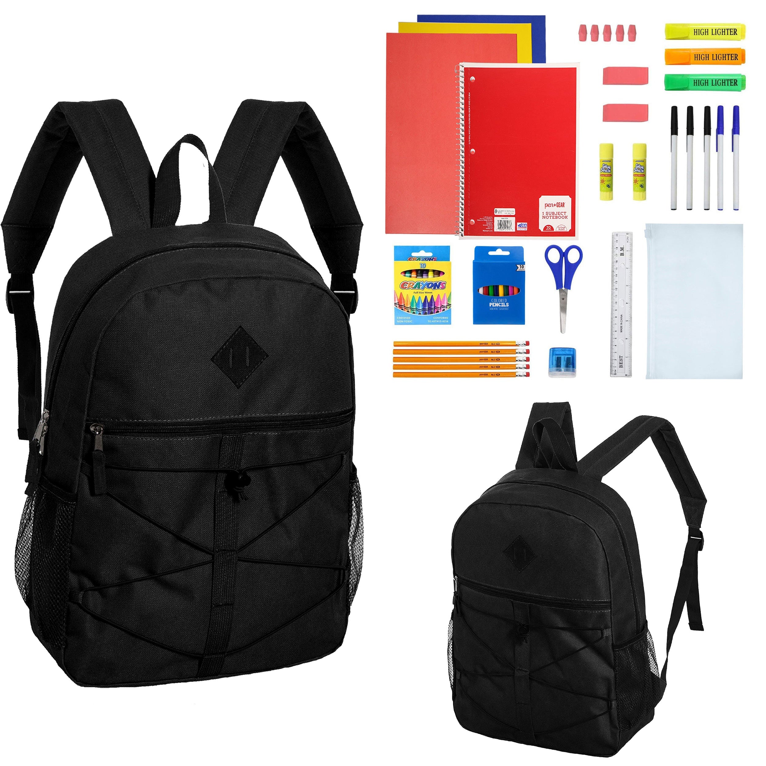12 Wholesale 18" Bungee Backpacks in Black & 12 Bulk School Supply Kits of Your Choice