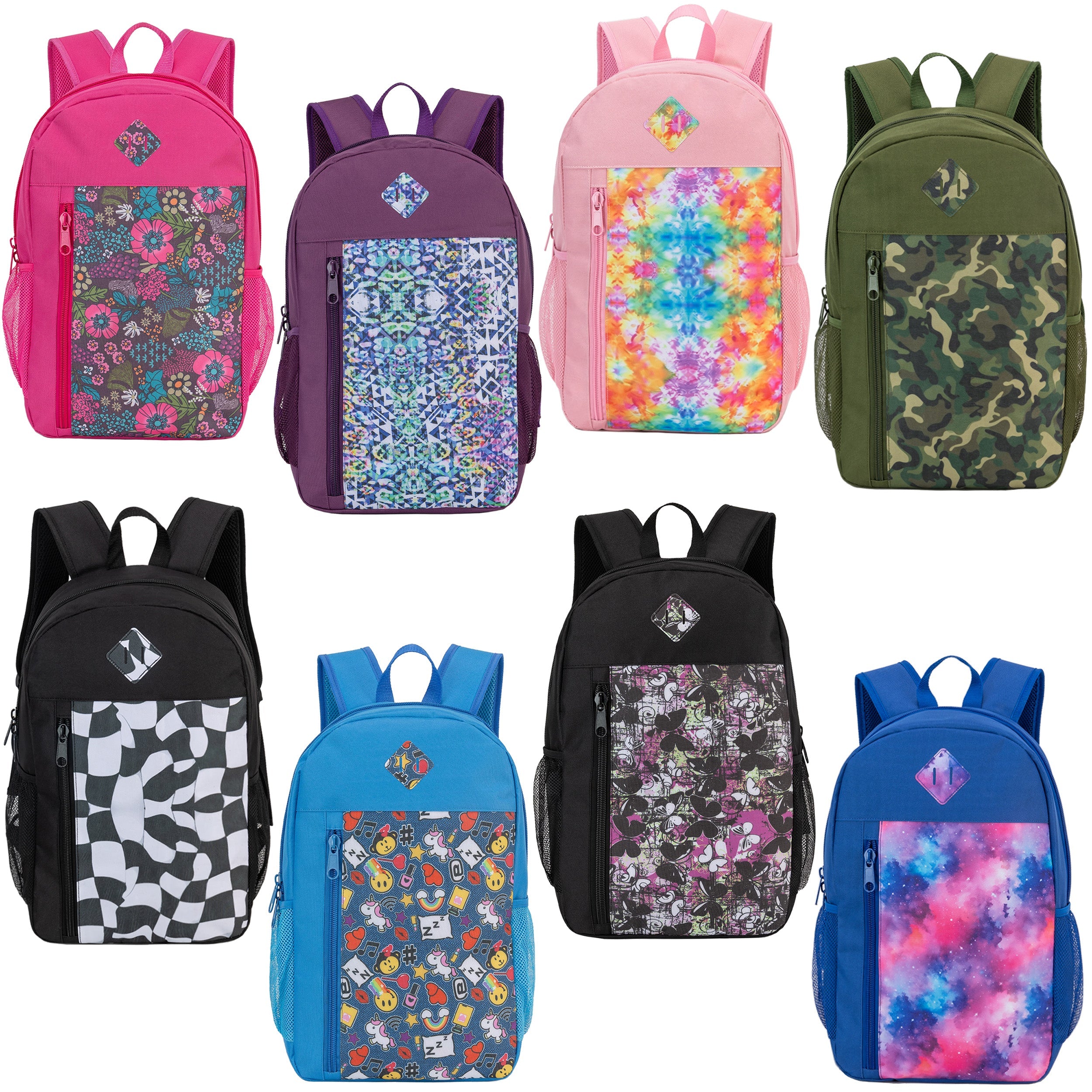19" Padded Back Patterned Wholesale Backpacks & 12 Bulk School Supply Kits of Your Choice