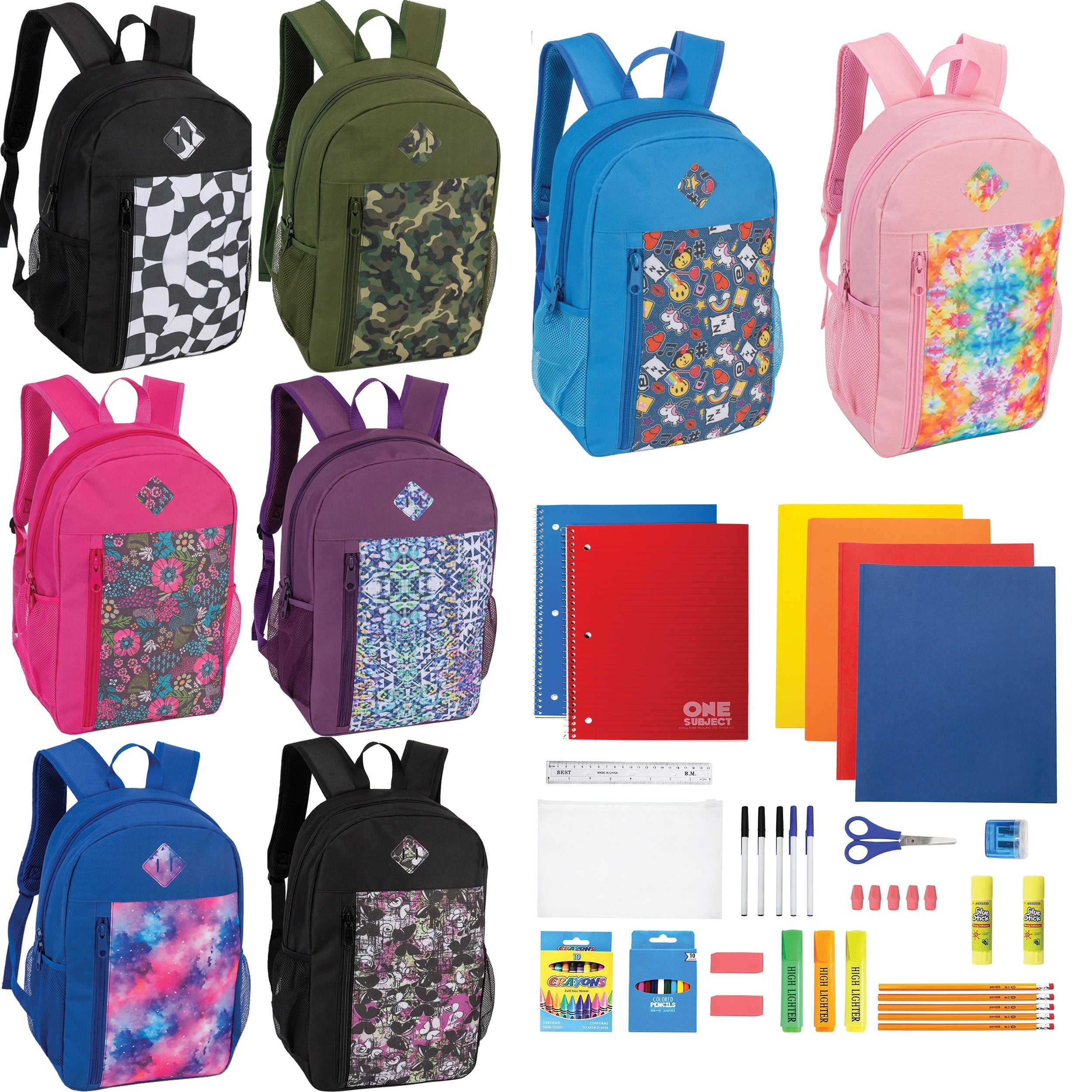 19" Padded Back Patterned Wholesale Backpacks & 12 Bulk School Supply Kits of Your Choice