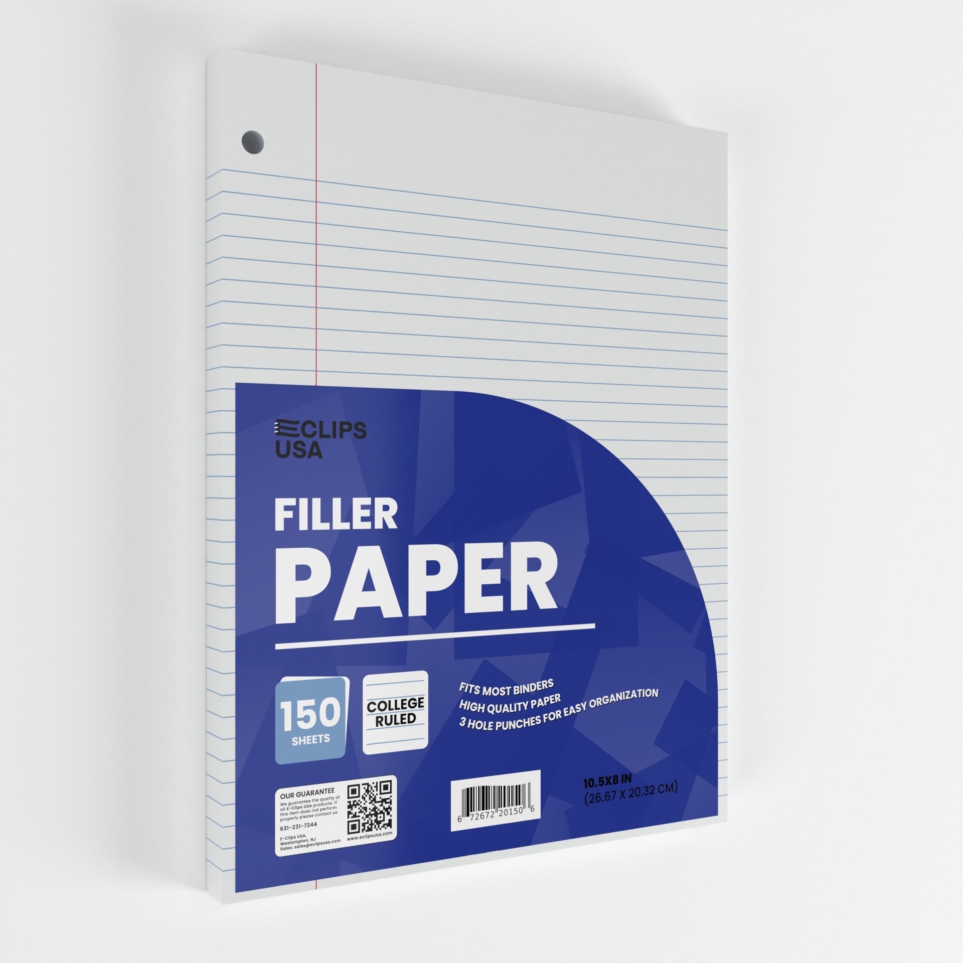 College-Ruled Filler Paper - White Loose-leaf, Fits Standard 3-Ring Binder, 150 Sheets