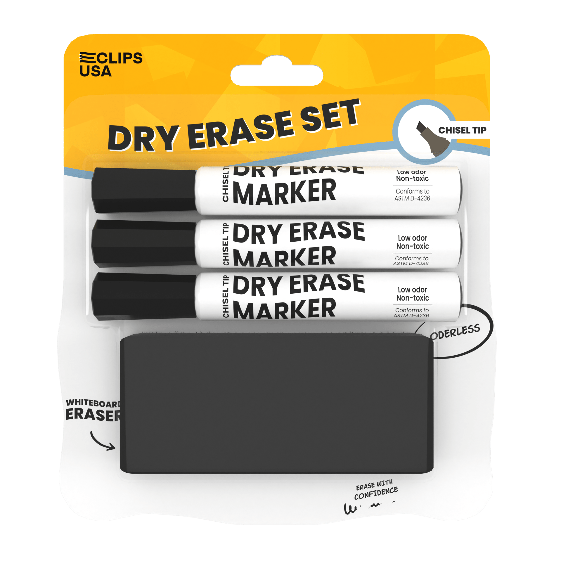 Dry Erase Marker Set - Low Odor, Non-toxic, Set Of 3 Markers With Eraser, Black, Chisel-tip