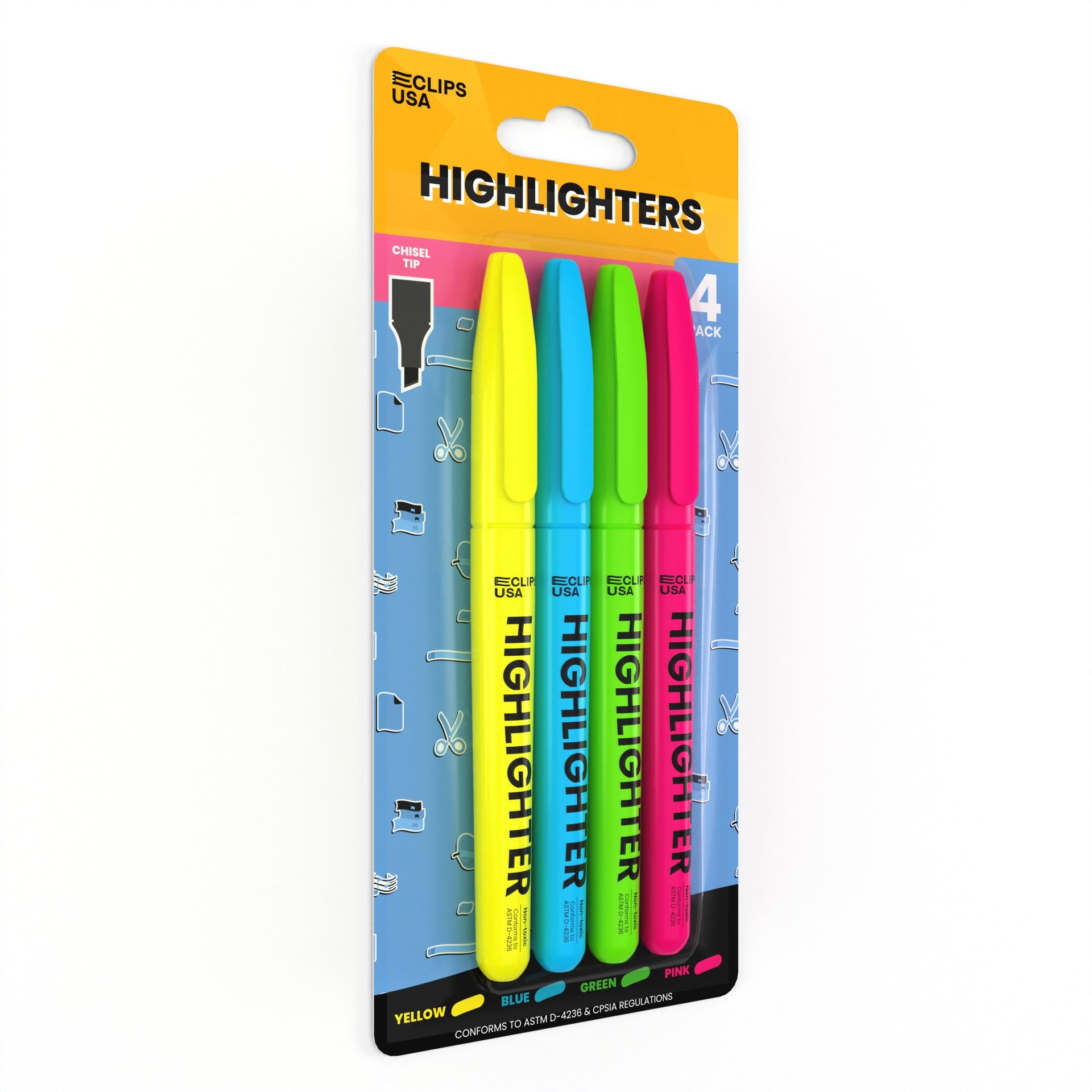 Fluorescent Highlighter Pen - Assorted Colors, 4 Pack, Fine-tip