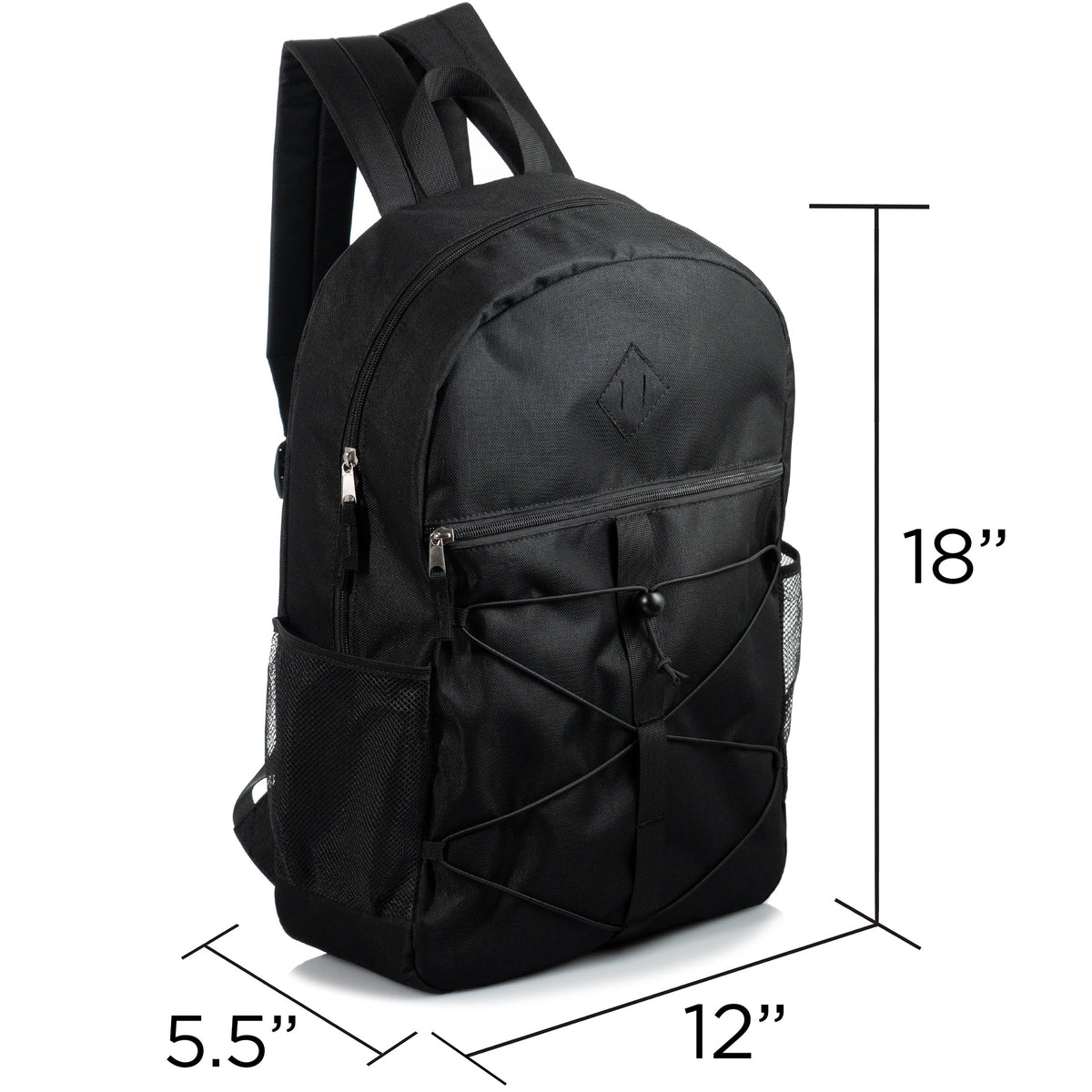 12 Black Bungee Cord Style 18" Backpacks & Your Choice of 12 Bulk Hygiene Kits - Wholesale Care Package: Homeless, Emergency, Charity
