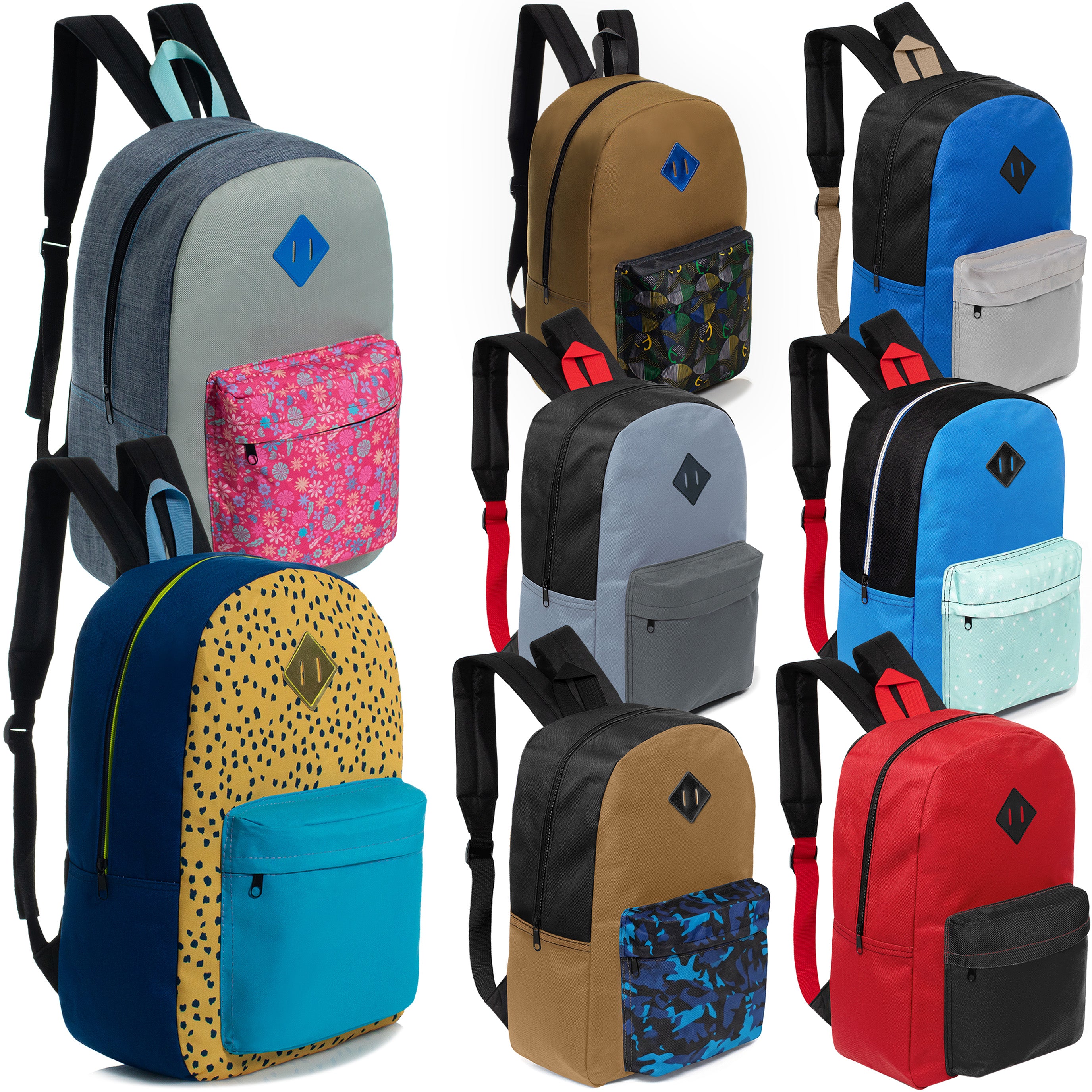 17" Padded Back Wholesale Backpacks - Diamond Patch - 3 Colors - Bulk Case of 24