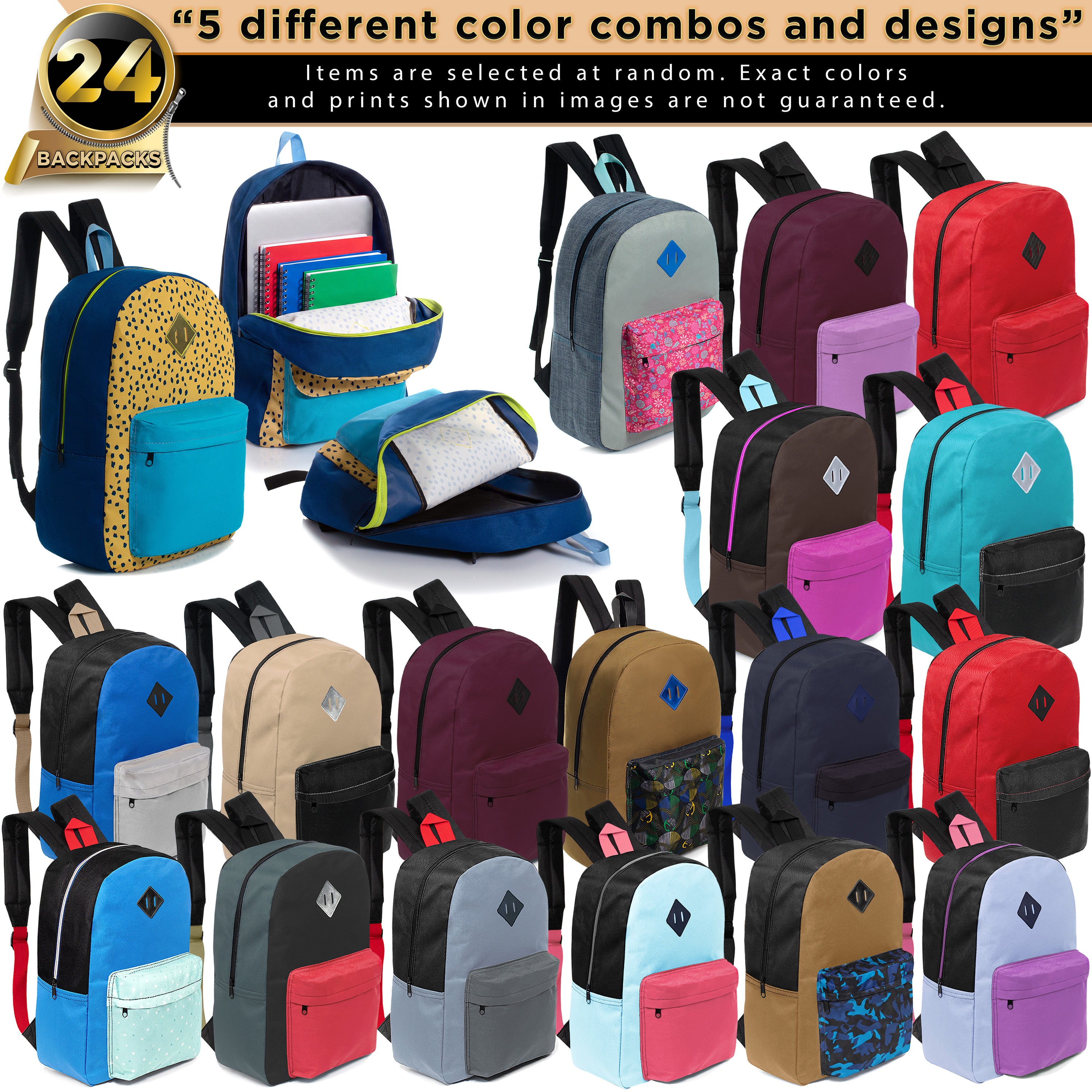 17" Kids Wholesale Backpacks - Assorted Prints - Padded Back - Bulk Case of 24