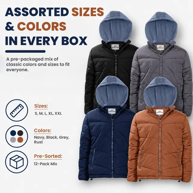 Men's Hooded Warm Winter Wholesale Coats in Assorted Colors & Sizes - Bulk Case of 12 Winter Jackets