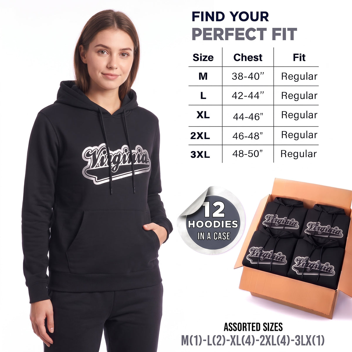 Winter Hoodie Virginia Assorted Sizes - Bulk Case of 12