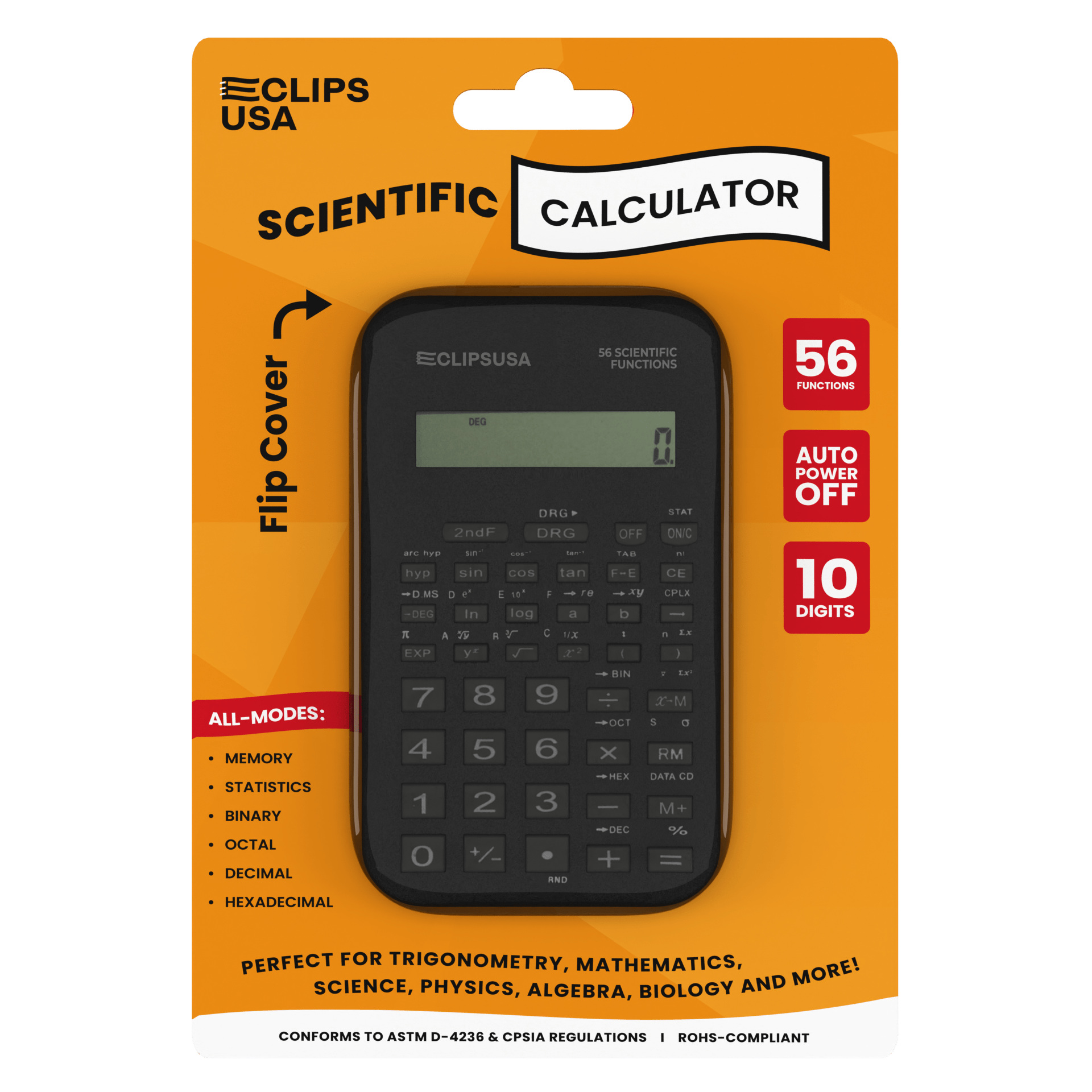 Pocket-Sized Scientific Calculator - Solar Powered, Flip Cover, 56 Scientific Functions, 10-digit Display