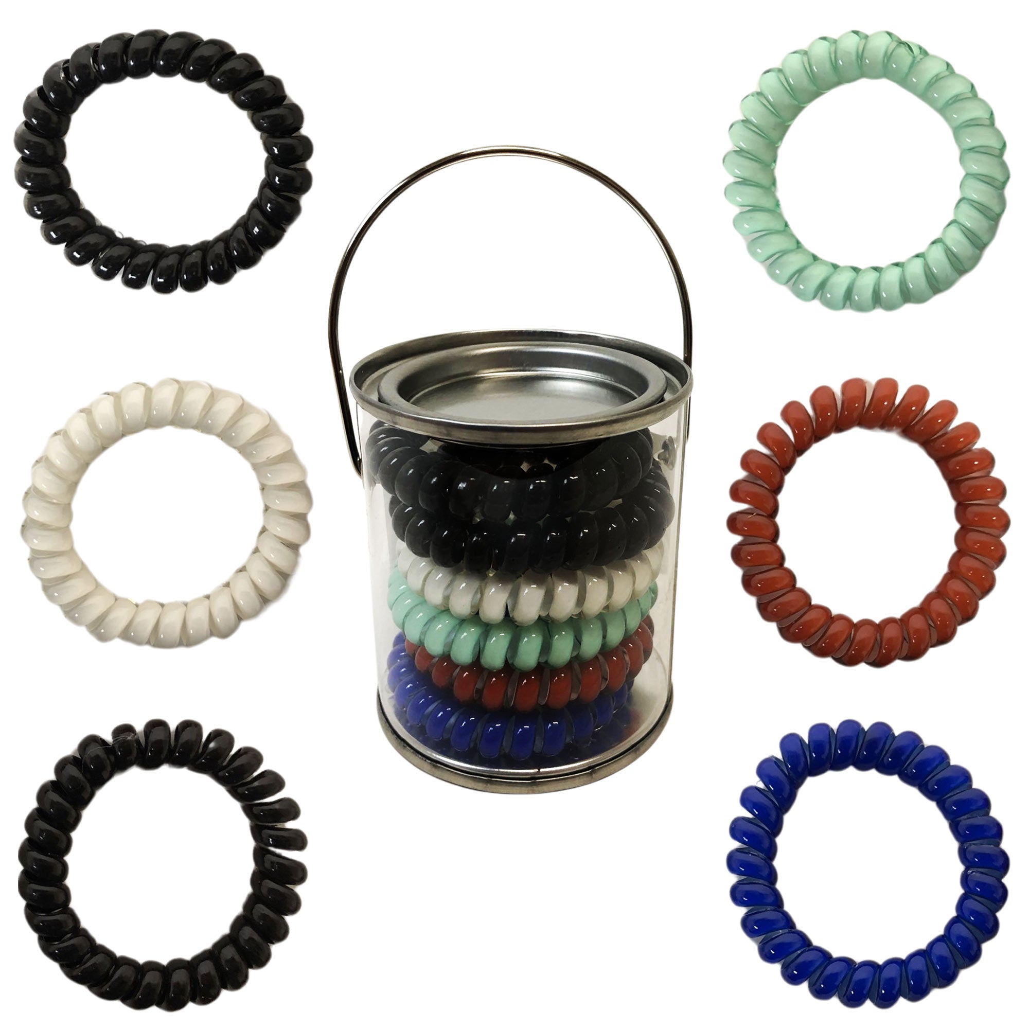 CLEARANCE CORDED HAIR TIES - 6 IN A CAN (CASE OF 36 - $2.00 / PIECE)  Wholesale Hair Ties in Assorted Colors SKU: 84112-36