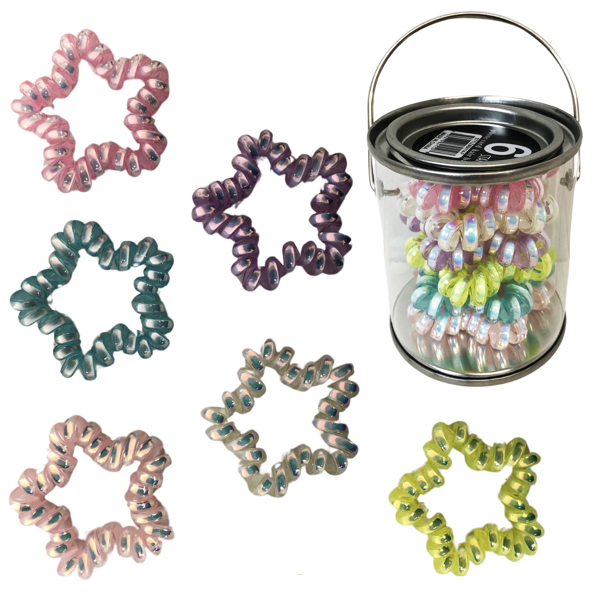 CLEARANCE CORDED HAIR TIES - 6 IN A CAN (CASE OF 36 - $2.00 / PIECE)  Wholesale Hair Ties Star Shaped SKU: 84114-36