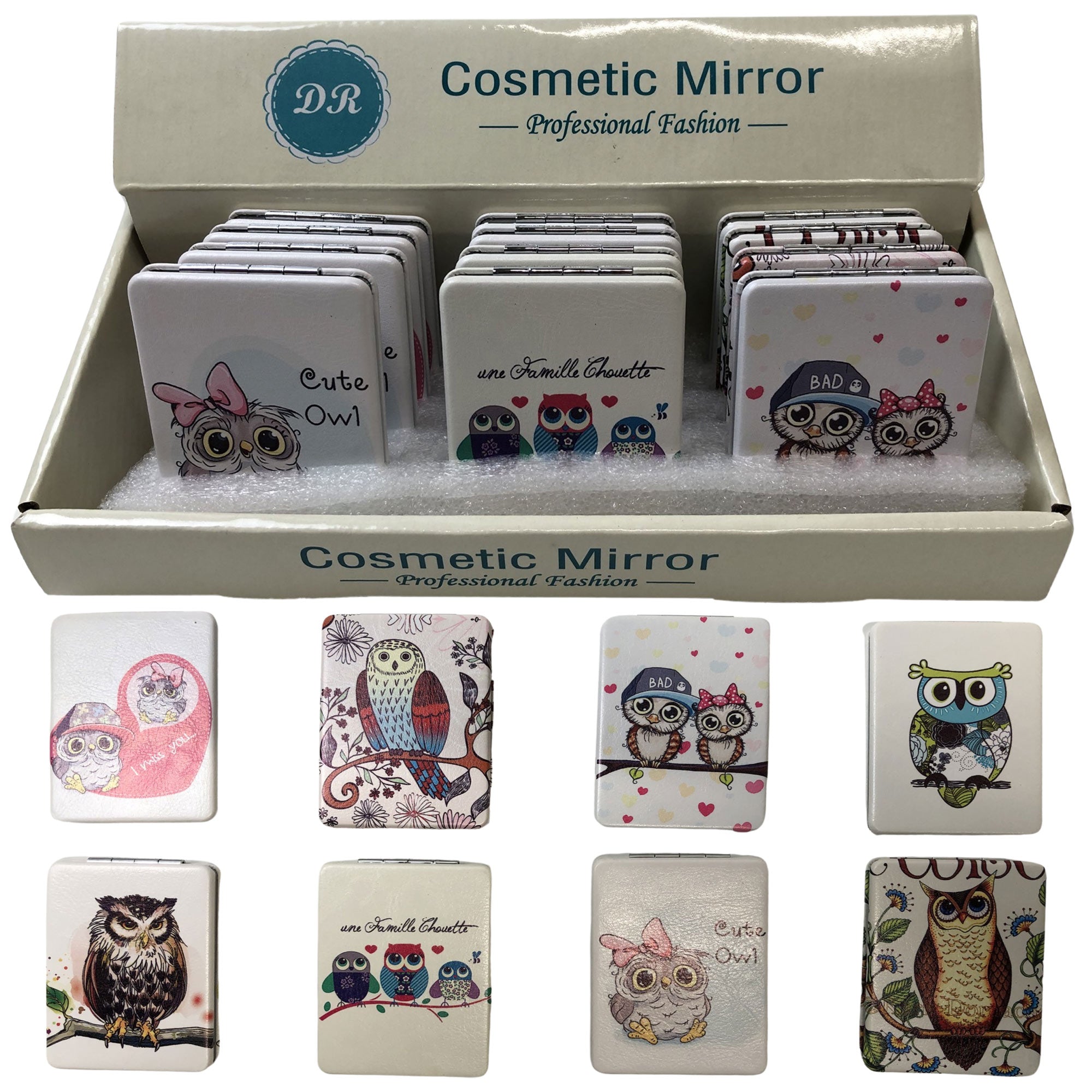 CLEARANCE COSMETIC MIRRORS OWL PRINTS (CASE OF 48 - $1.50 / PIECE)  Wholesale Cosmetic Mirrors in Owl Prints SKU: 901-OWL-48
