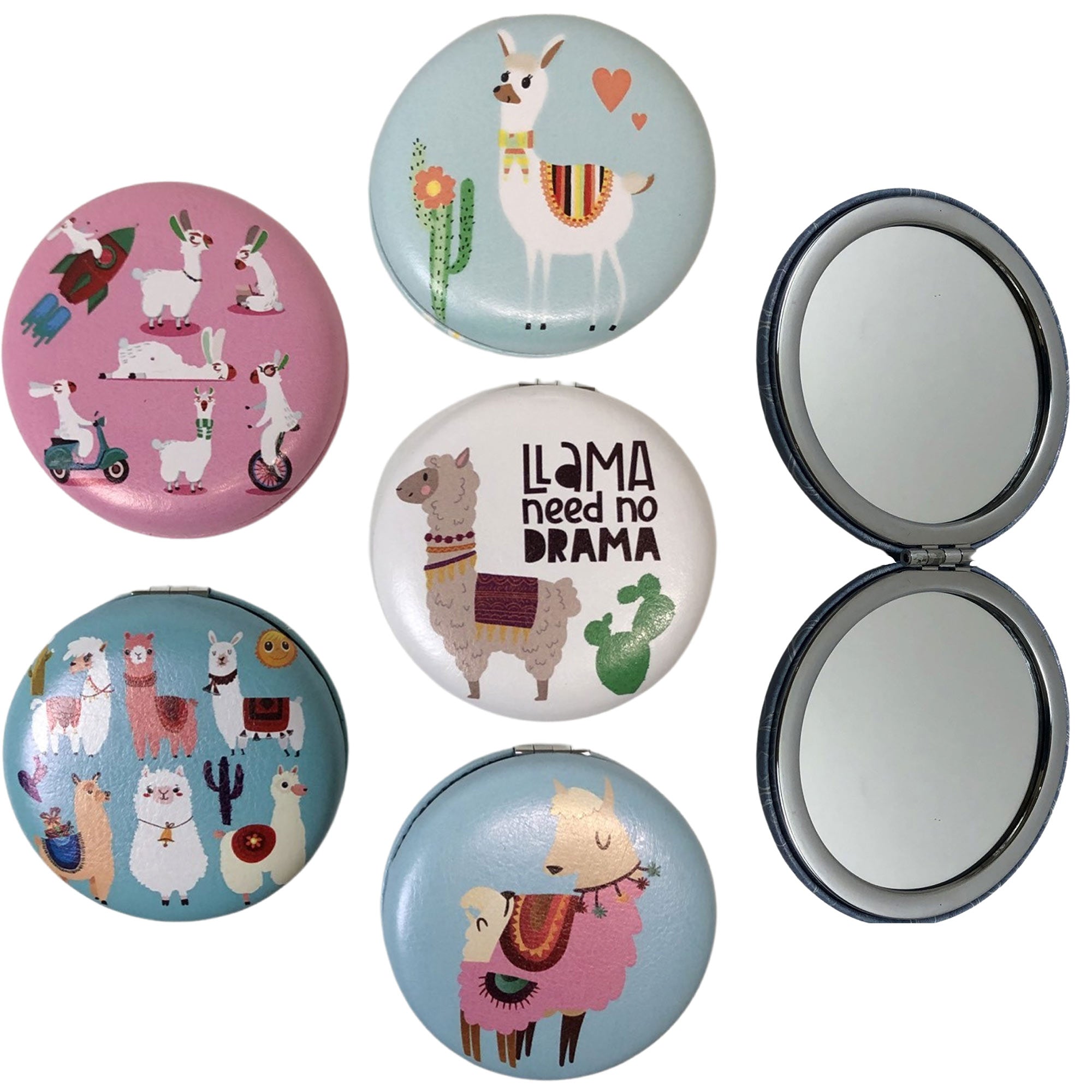 CLEARANCE COSMETIC MIRRORS ALPACA PRINTS (CASE OF 48 - $1.50 / PIECE)  Wholesale Round Cosmetic Mirrors in Assorted Prints SKU: 906-ALPACA-48