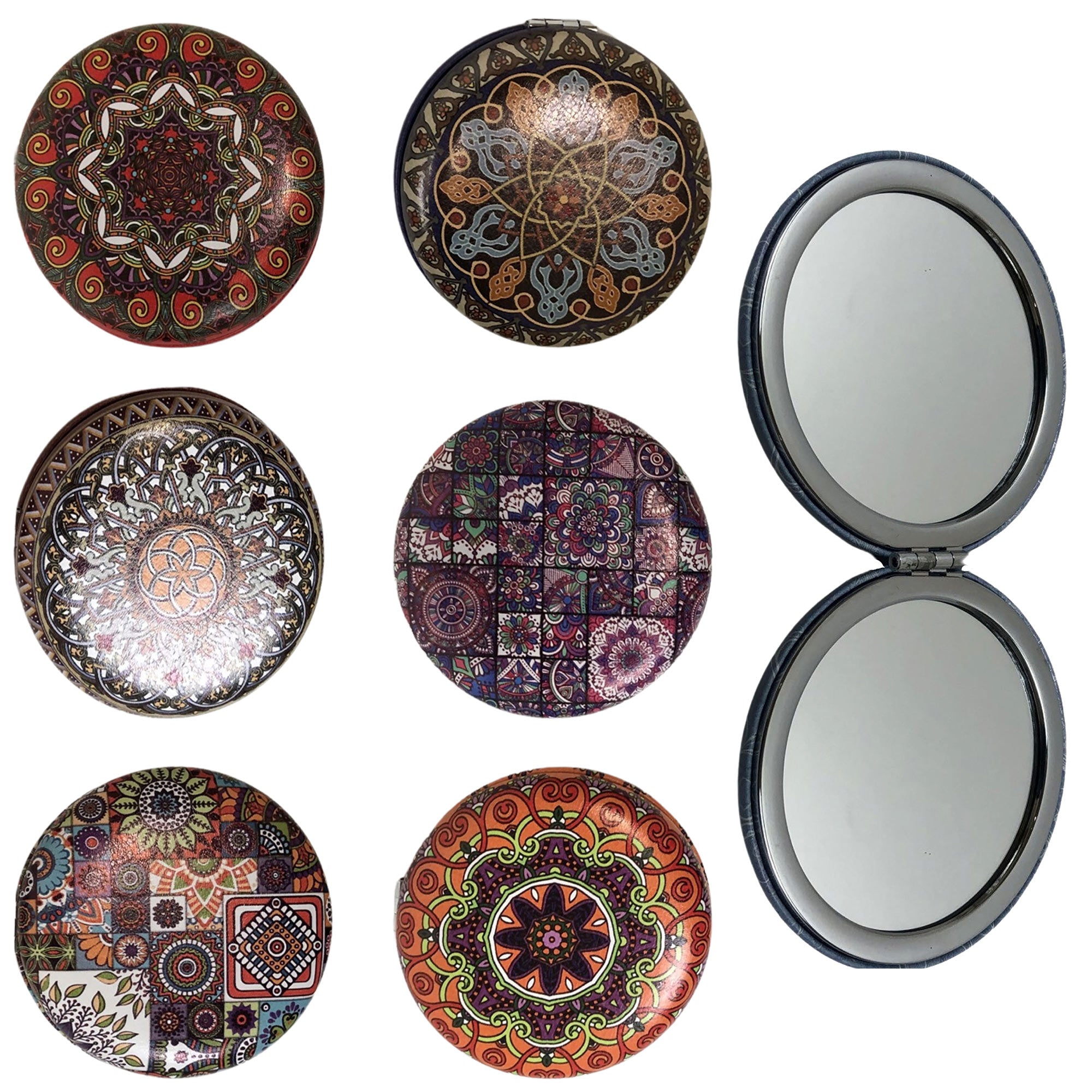 CLEARANCE COSMETIC MIRRORS KALEIDOSCOPE PRINTS (CASE OF 48 - $1.50 / PIECE)  Wholesale Round Cosmetic Mirrors in Assorted Prints SKU: 906-DATURA-48