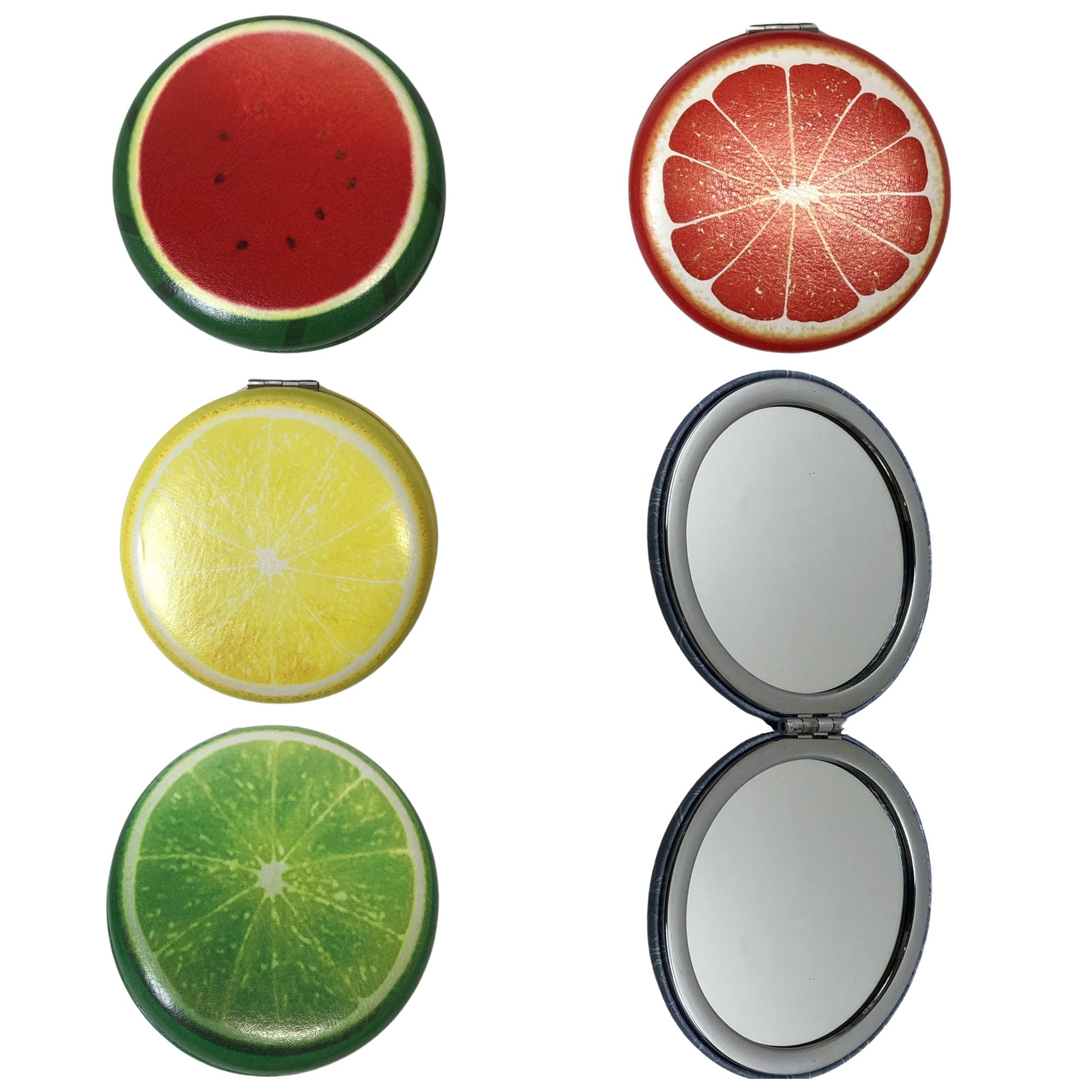 CLEARANCE COSMETIC MIRRORS FRUIT PRINTS (CASE OF 48 - $1.50 / PIECE)  Wholesale Round Cosmetic Mirrors in Assorted Prints SKU: 906-FRUIT-48