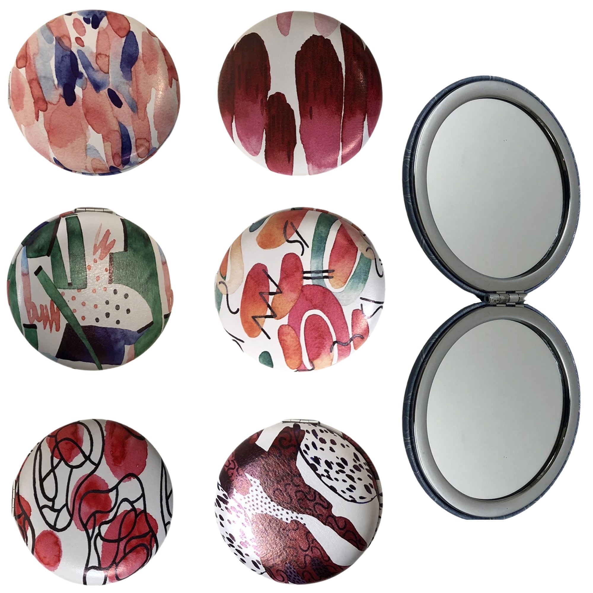 CLEARANCE COSMETIC MIRRORS GEOMETRIC PRINTS (CASE OF 48 - $1.50 / PIECE)  Wholesale Round Cosmetic Mirrors in Assorted Prints SKU: 906-GEOMETRY-48