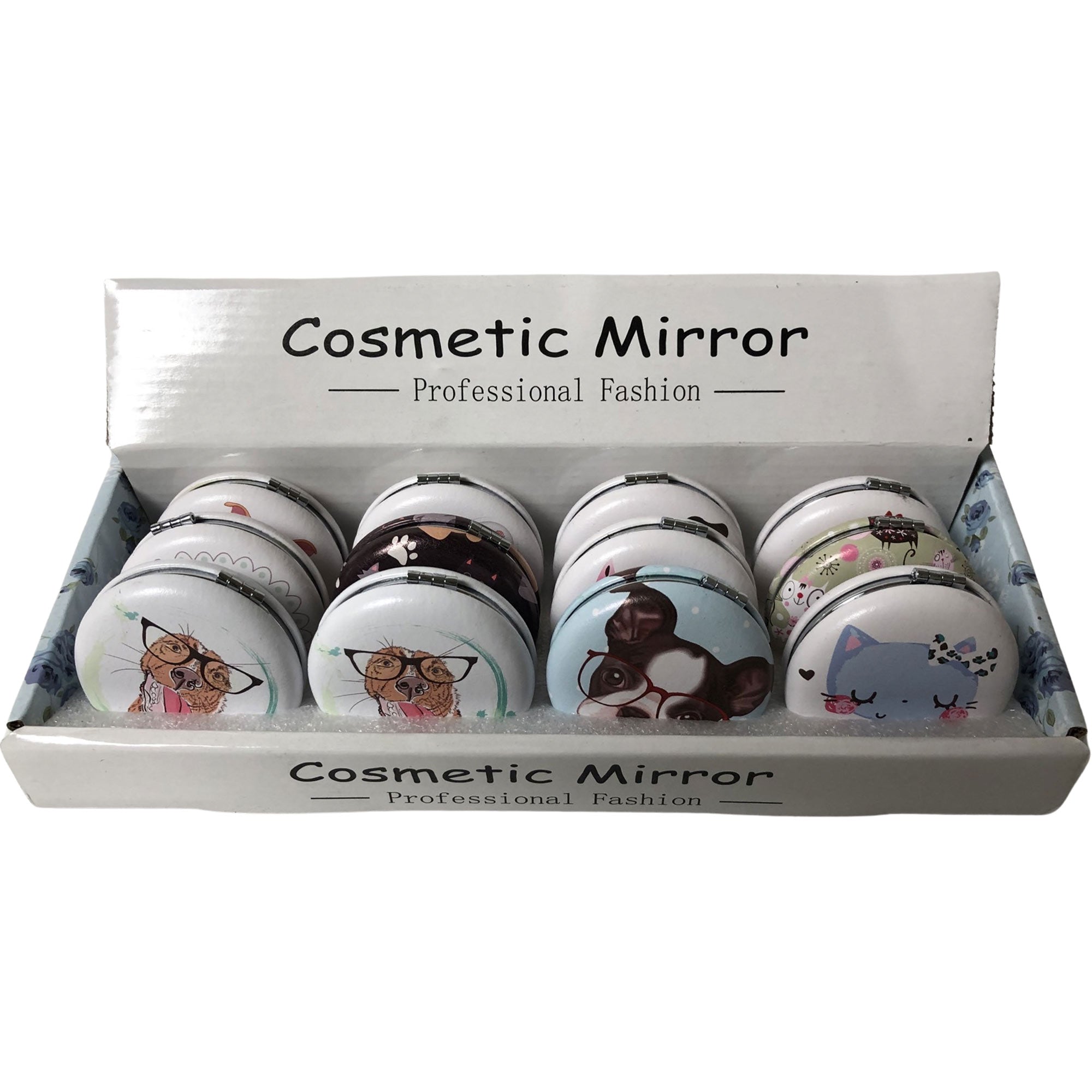 CLEARANCE ROUND COSMETIC MIRRORS CAT & DOG PRINTS (CASE OF 48 - $1.50 / PIECE)  Wholesale Cosmetic Mirrors in Assorted Prints SKU: 909-CAT-DOG-48