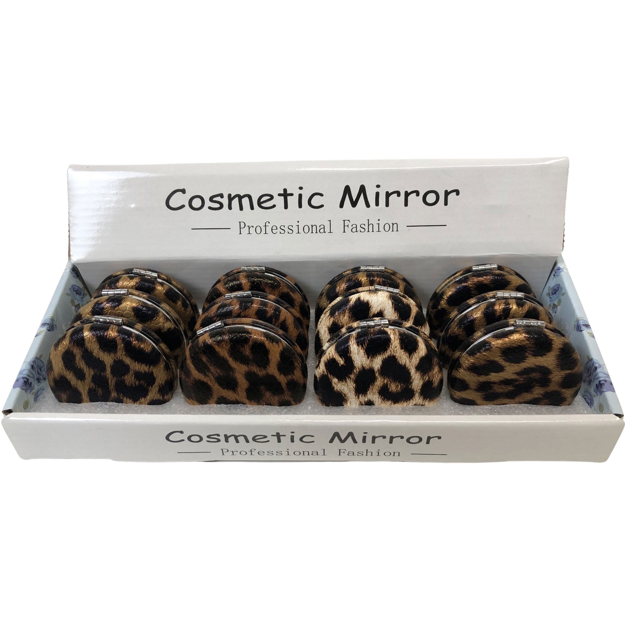 CLEARANCE ROUND COSMETIC LEOPARD PRINTS (CASE OF 48 - $1.50 / PIECE)  Wholesale Cosmetic Mirrors in Assorted Prints SKU: 909-LEO-48