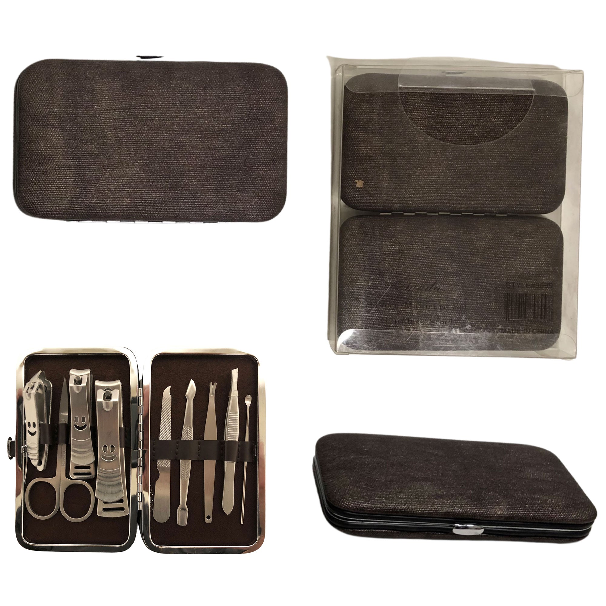 CLEARANCE MANICURE SET IN BROWN CASE (CASE OF 24 - $2.50 / PIECE)  Wholesale 9 Piece Stainless Steel Manicure Set in Brown SKU: 9699-9019-SMT-BROWN-24
