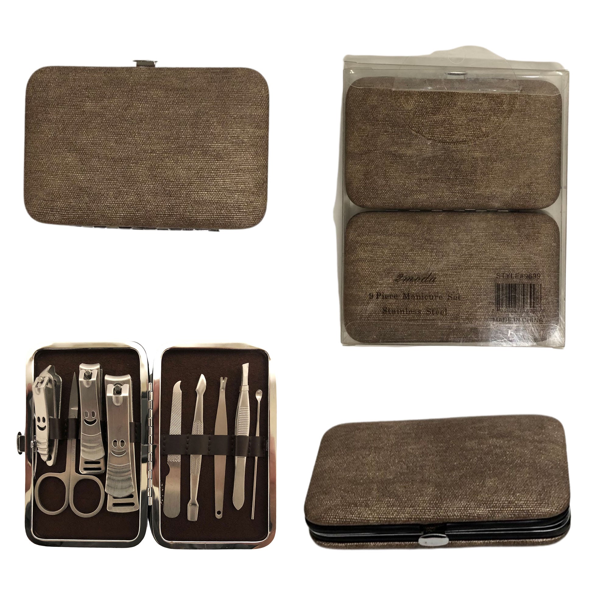 CLEARANCE MANICURE SET IN LT BROWN CASE (CASE OF 24 - $2.50 / PIECE)  Wholesale 9 Piece Stainless Steel Manicure Set in Light Brown SKU: 9699-9019-SMT-LT BROWN-24