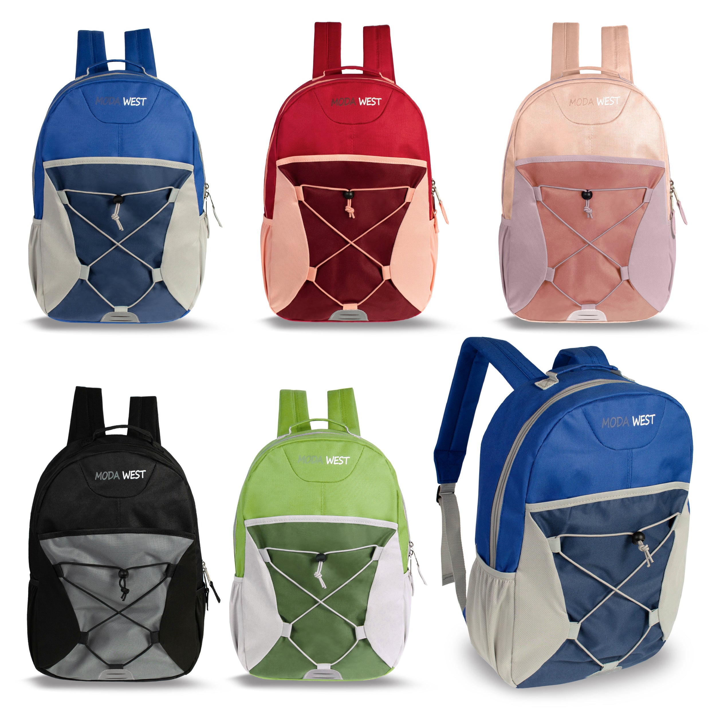 17" Bungee Bulk Backpacks in 5 Assorted Colors - Wholesale Case of 24 Bookbags