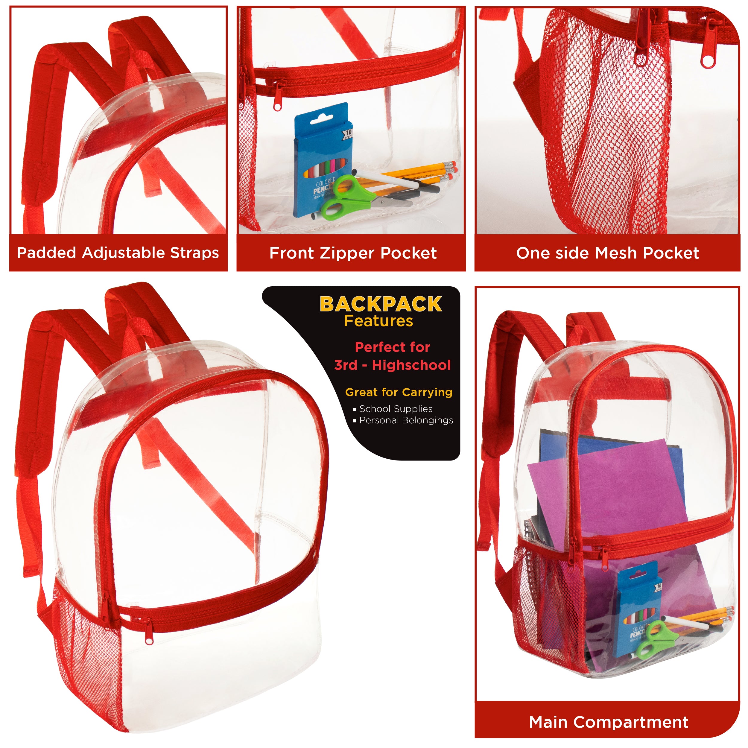 17” Wholesale Clear PVC Backpacks in Assorted Colors – Bulk Case of 24 Bookbags