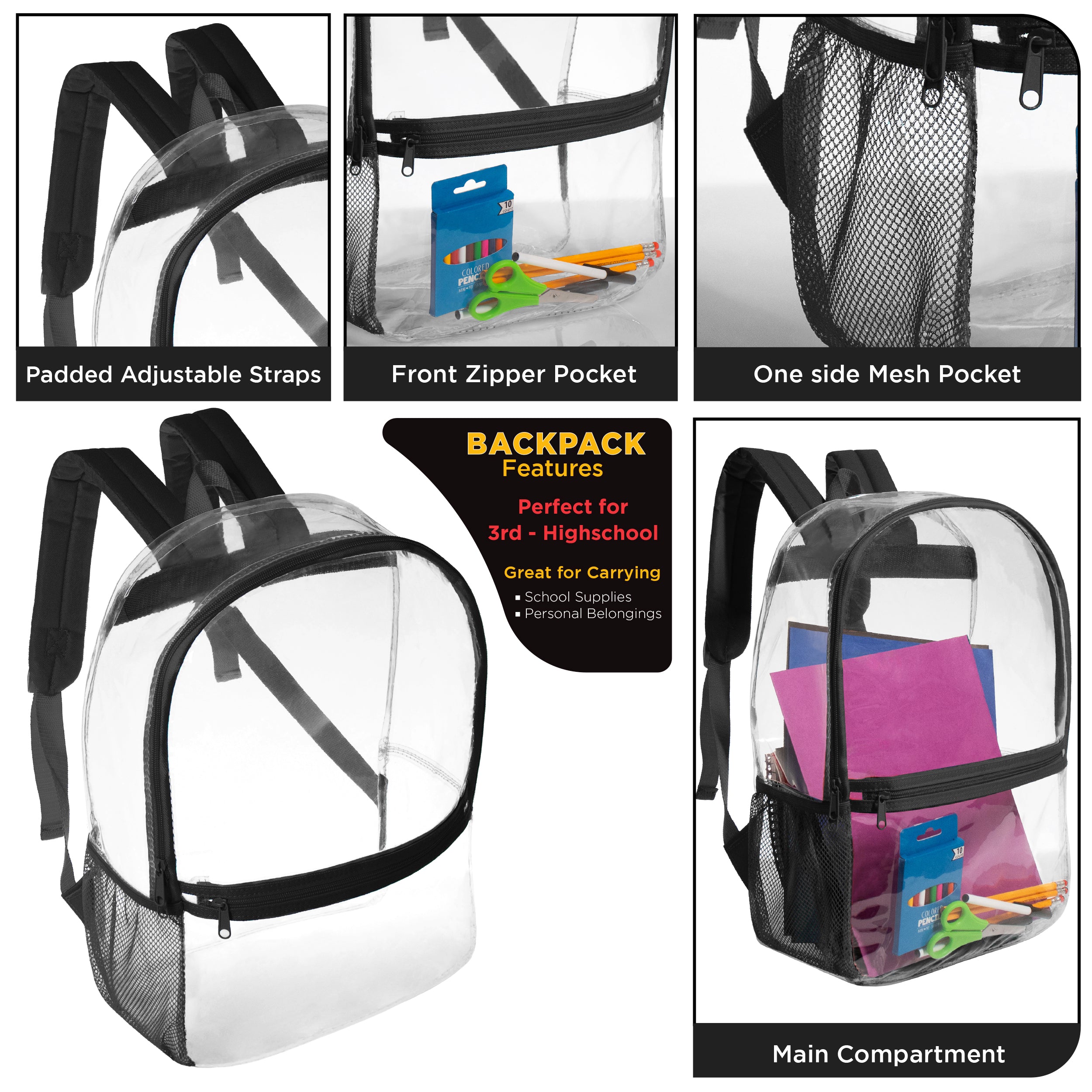 17” Wholesale Clear PVC Backpacks with Black Trim – Bulk Case of 24 Backpacks