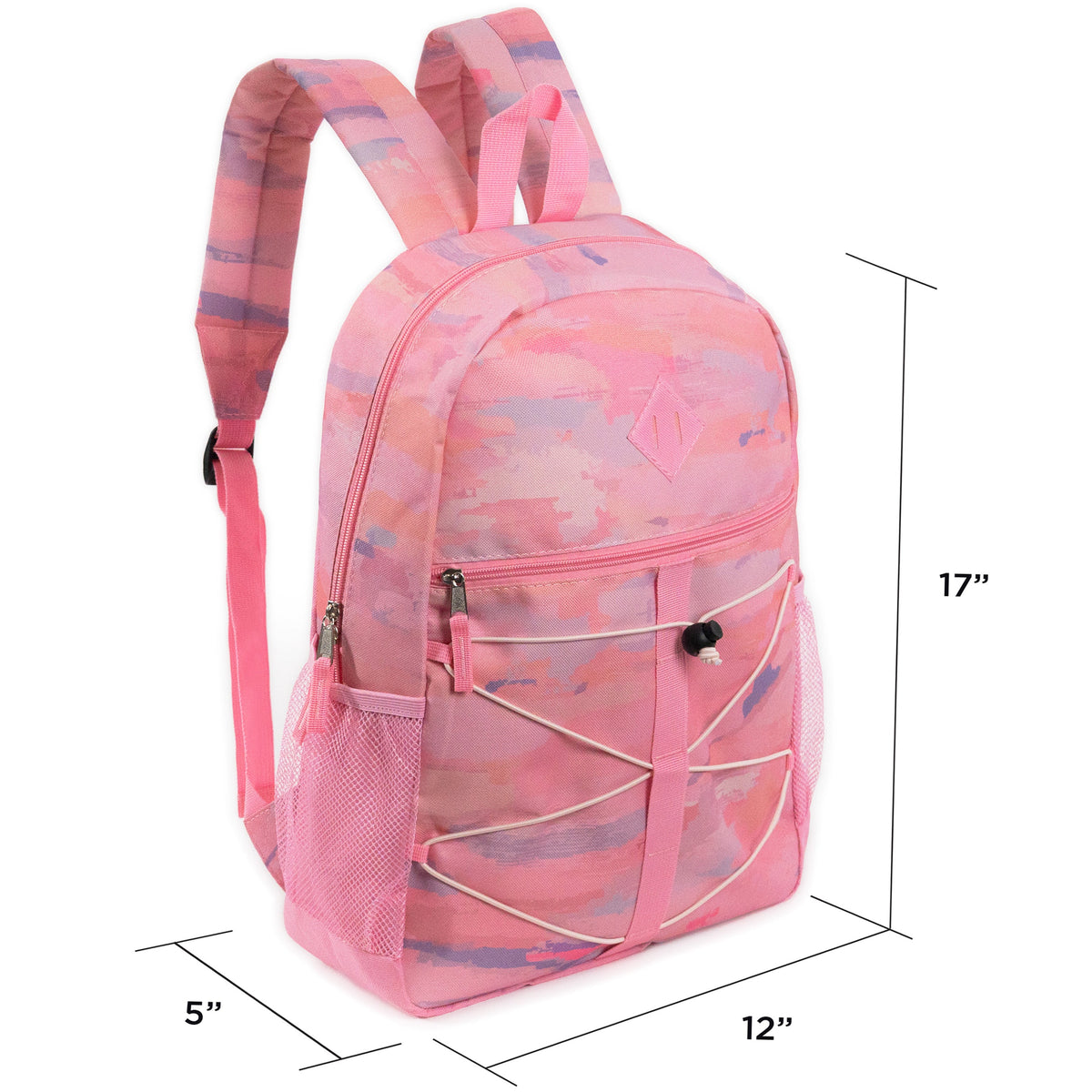 12 Bungee 17" Backpacks in Assorted Prints & Your Choice of 12 Bulk Hygiene Kits - Wholesale Care Package: Homeless, Emergency, Charity