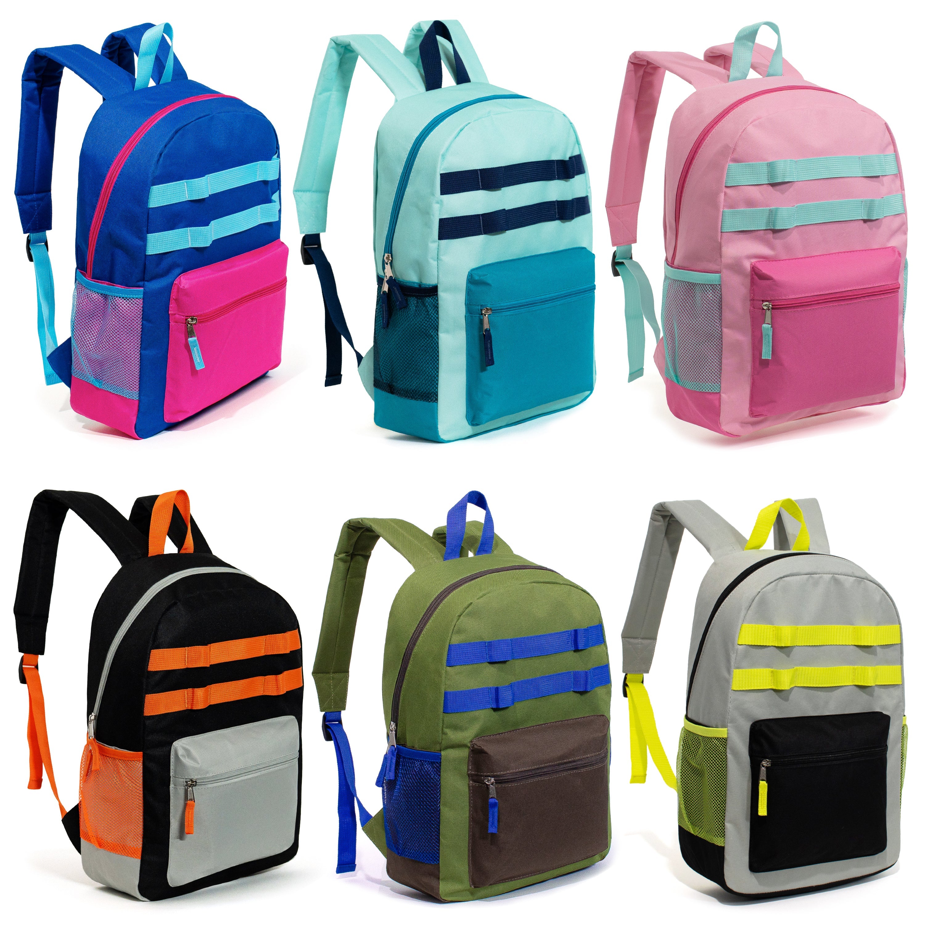 17" Wholesale Bungee Backpacks in 12 Assorted Colors - Bulk Case of 24 Bookbags