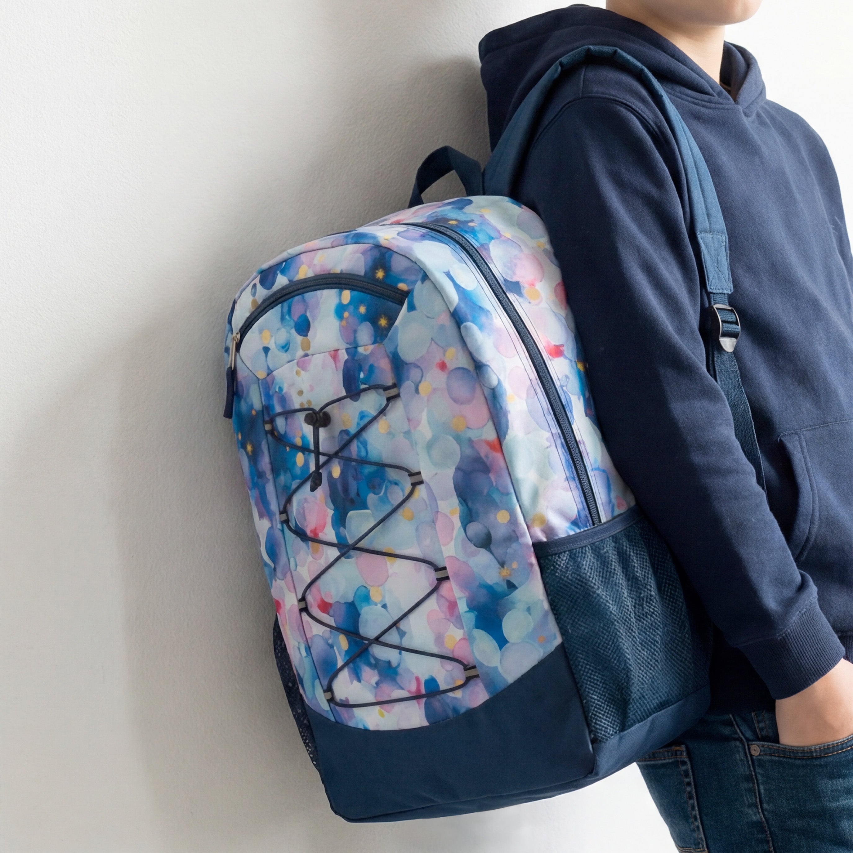 19" Large Wholesale Bungee Backpacks | 6 Prints & Colors | 2 Side Pockets - Bulk Case of 24