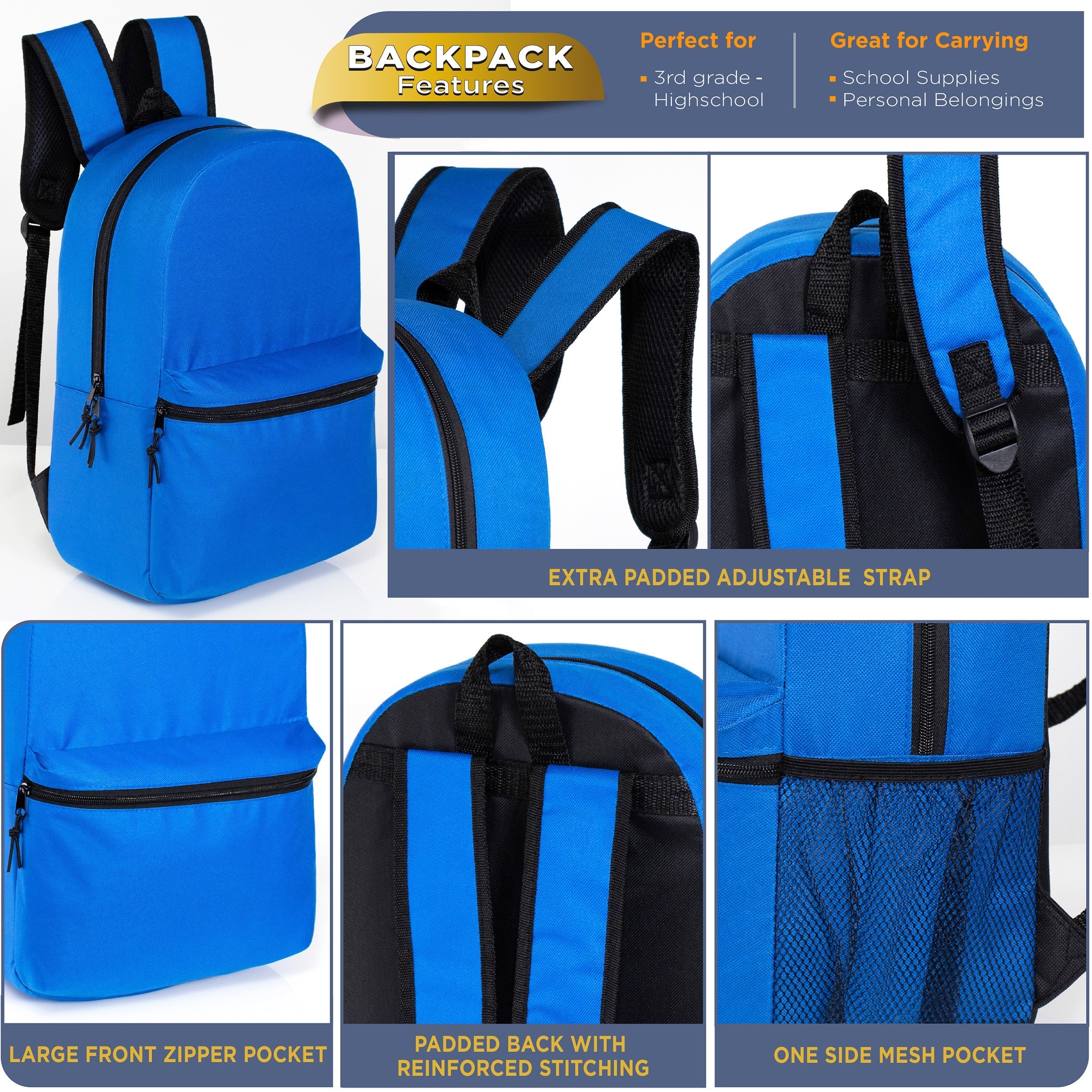12 Wholesale 17" Classic Backpacks in 12 Assorted Colors & 12 Bulk School Supply Kits of Your Choice
