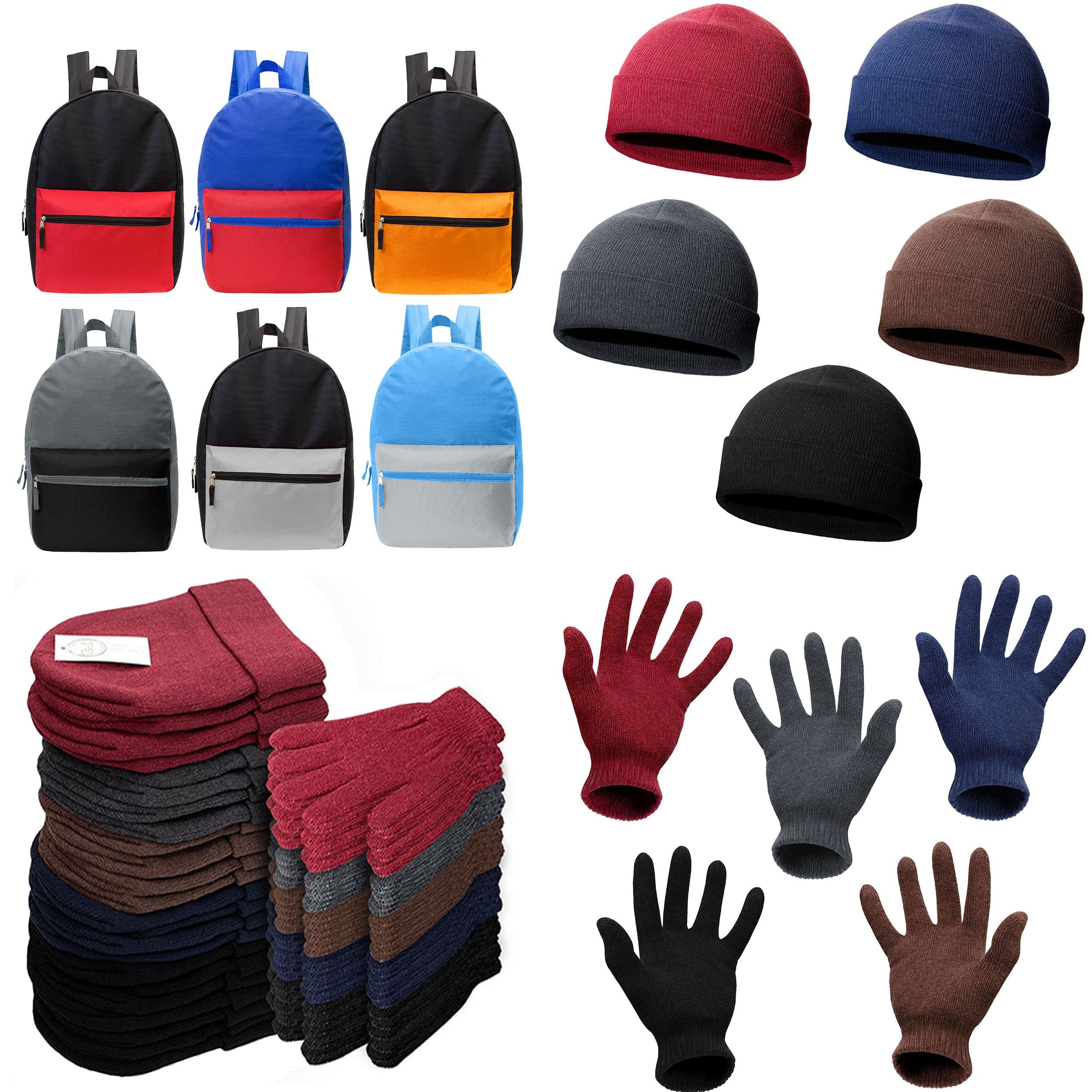 12 Multi Color 17" Backpacks in 6 Colors & Your Choice of 12 Winter Item Sets - Wholesale Care Package: Homeless, Emergency, Charity