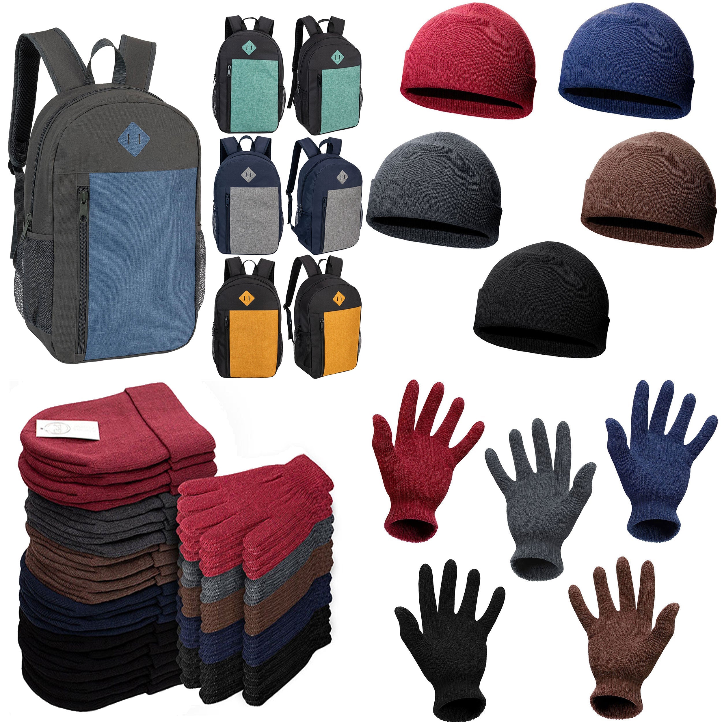 12 Black 19" Backpacks with an Accent Panel & Your Choice of 12 Winter Item Sets - Wholesale Care Package: Homeless, Emergency, Charity