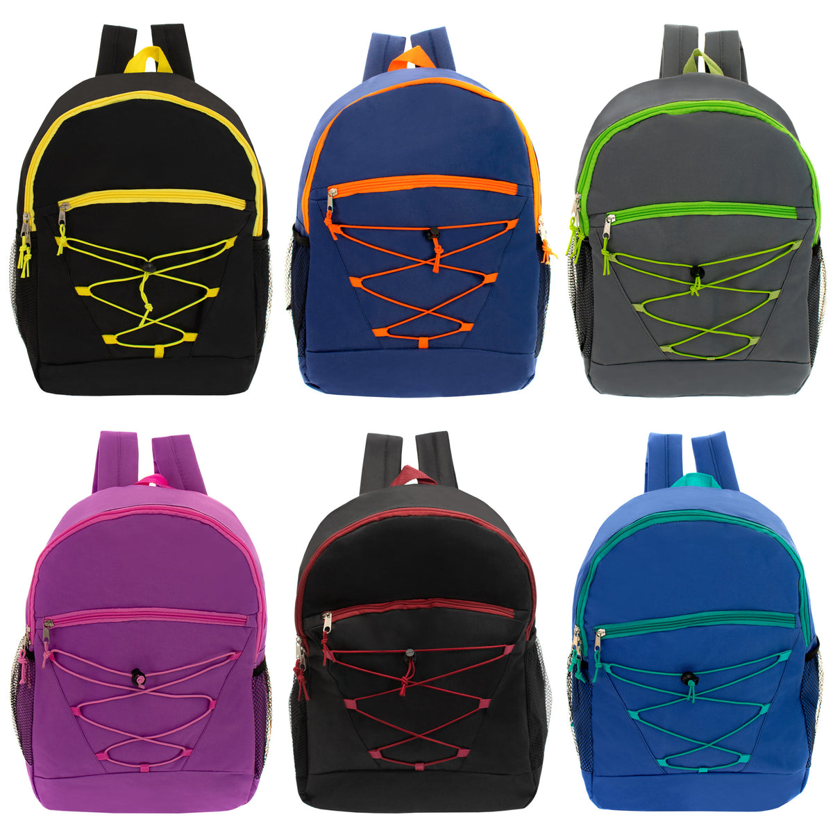 17" Bungee Bulk Backpacks in 6 Assorted Colors - Wholesale Case of 24