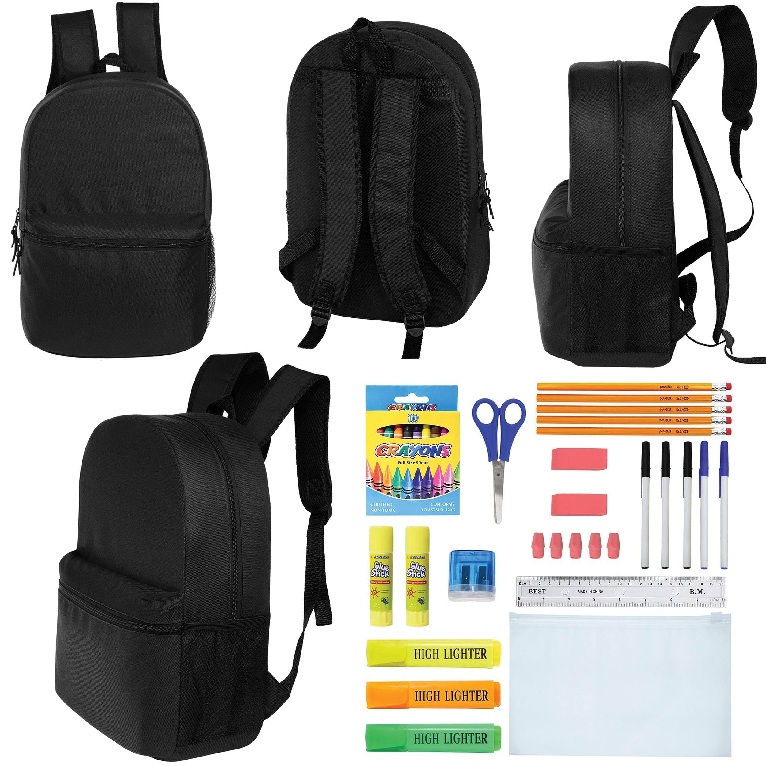 12 Wholesale Blank 18.5" Backpacks in Black & 12 Bulk School Supply Kits of Your Choice
