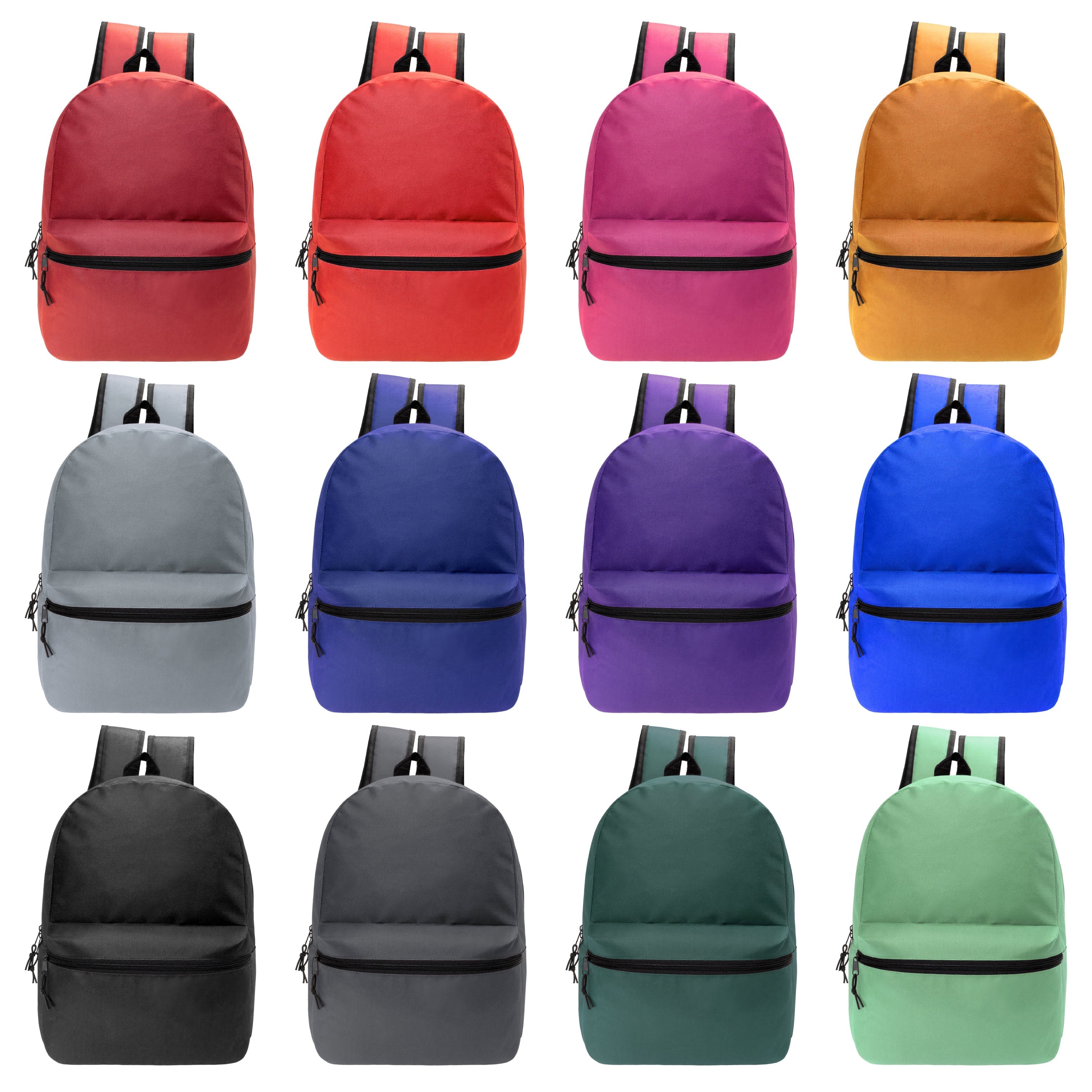 12 Wholesale 15" Backpacks in 12 Assorted Colors and 12 Bulk School Supply Kits of Your Choice