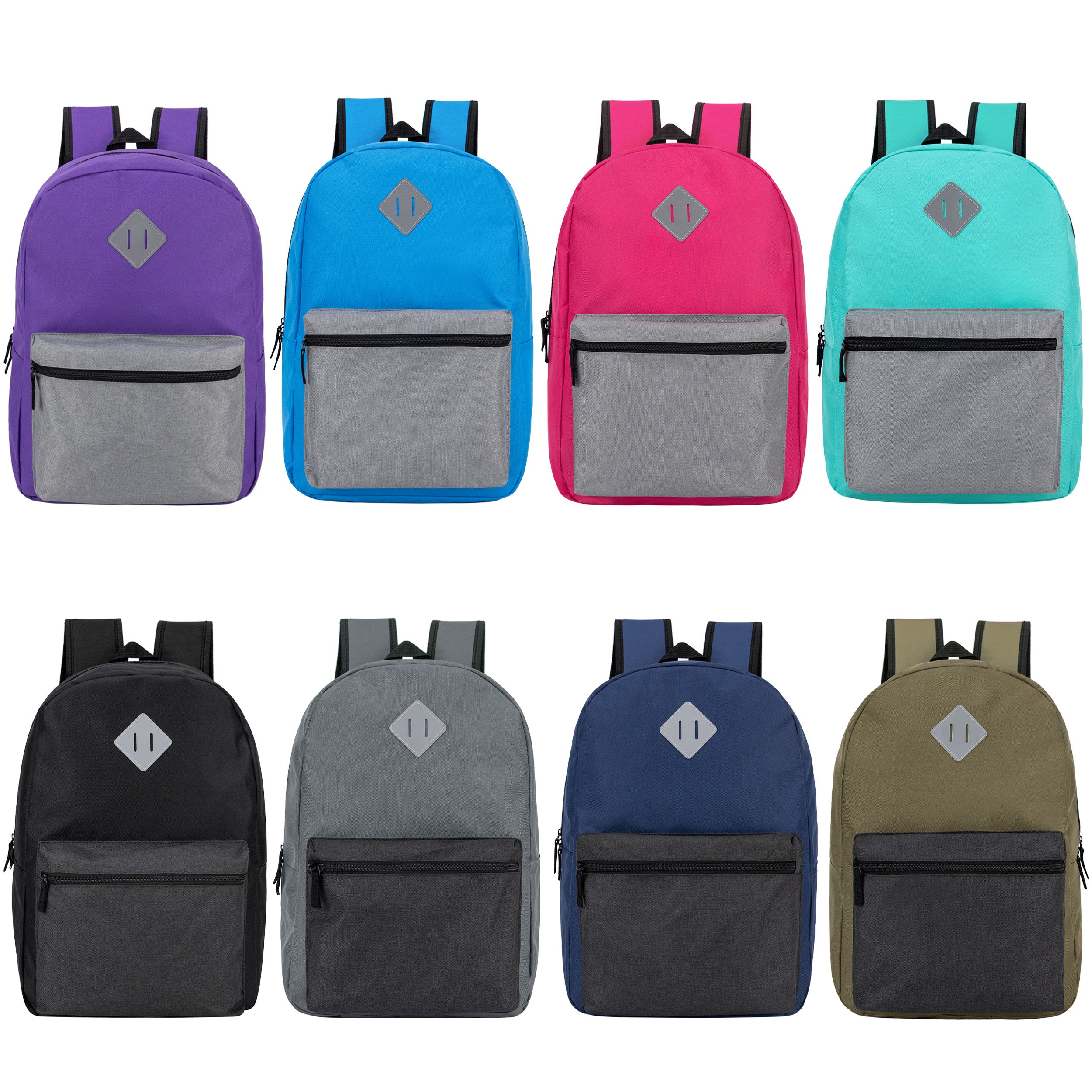 diamond-shaped leather patch is on your backpack 17" Wholesale Two Tone Backpack with a Diamond Patch in 8 Colors
