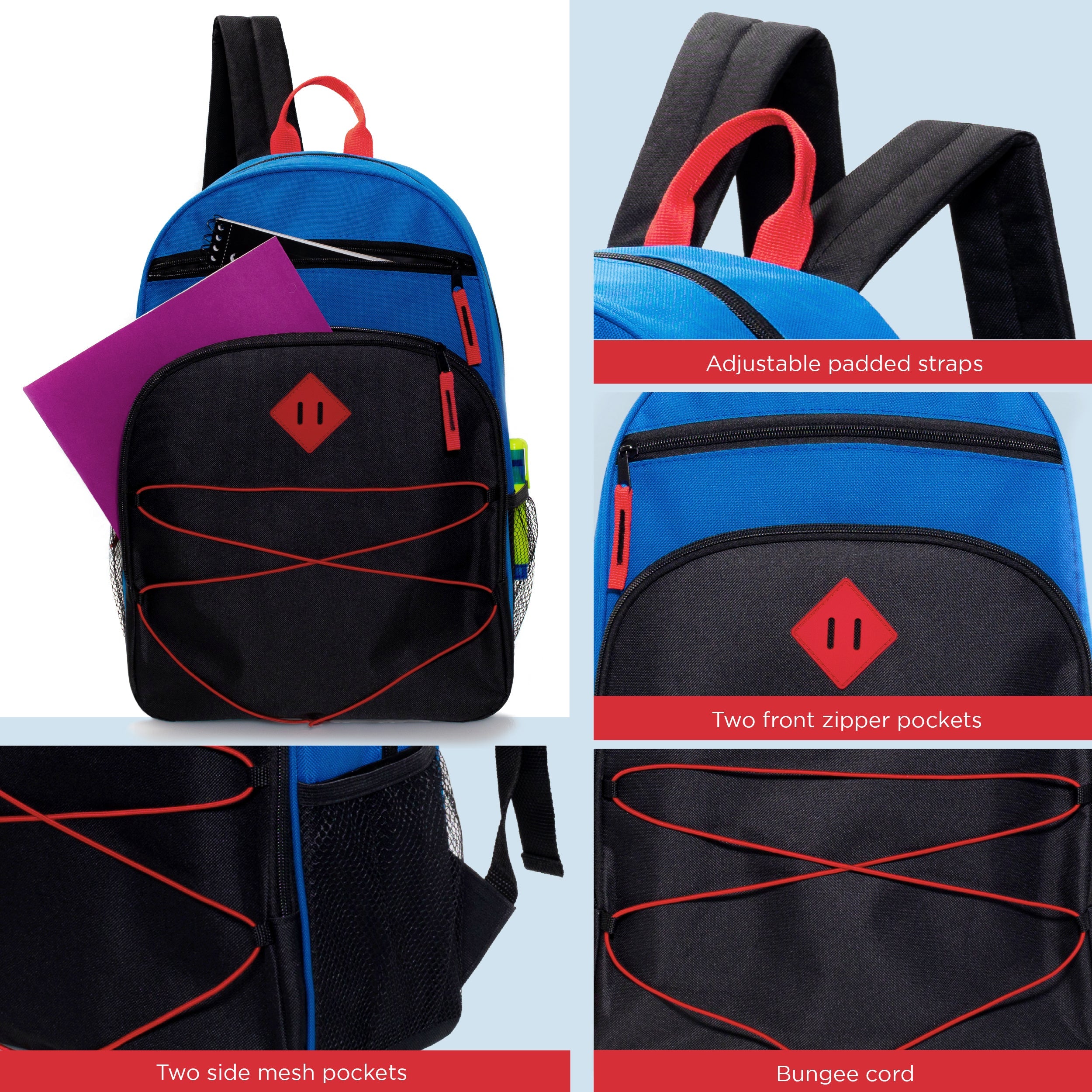17" Wholesale Bungee Backpacks in 6 Colors with Side Pockets - Bulk Case of 24 Bookbags