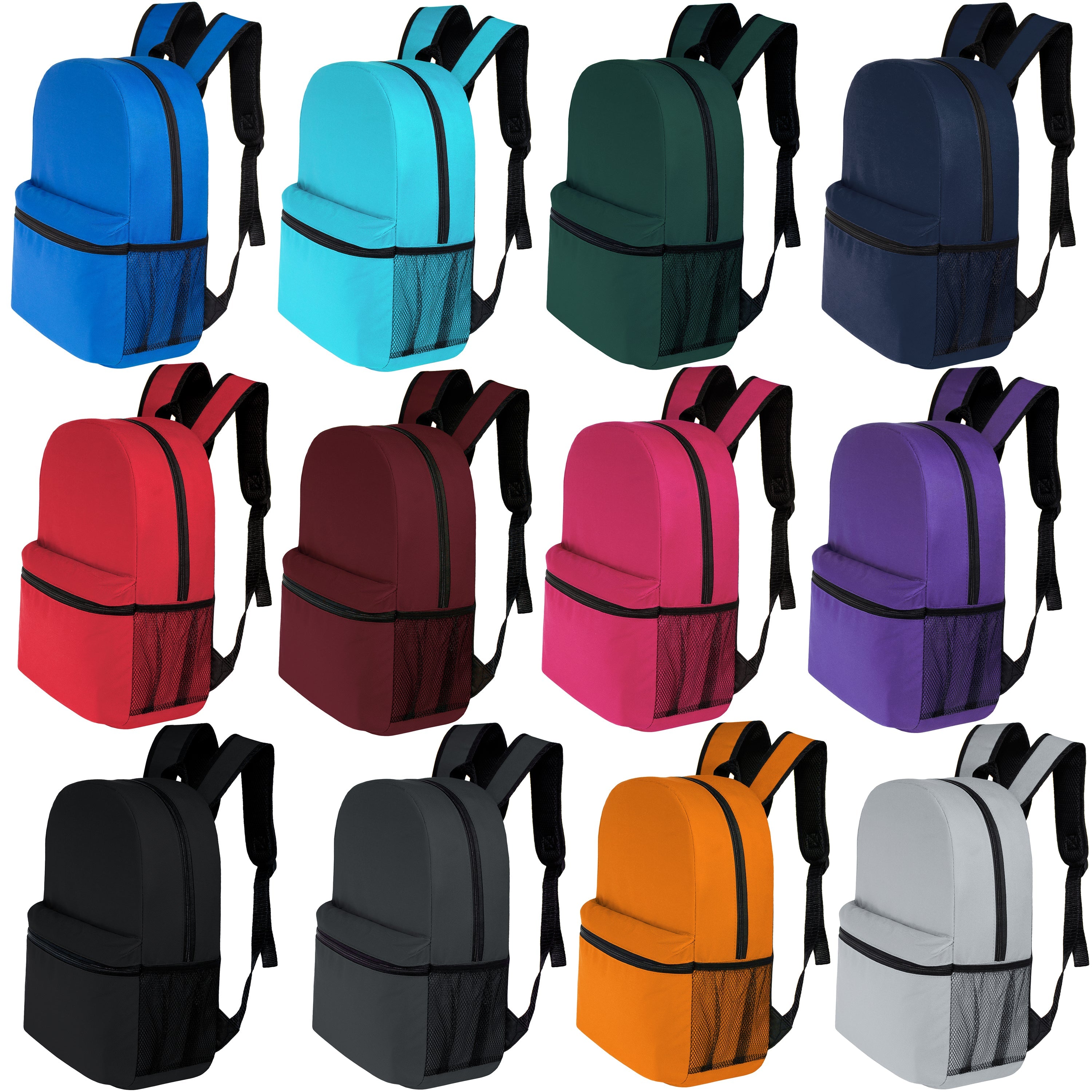 12 Basic 17" Backpacks in 12 Colors with a Side Pocket & Your Choice of 12 Bulk Hygiene Kits - Wholesale Care Package: Homeless, Emergency, Charity
