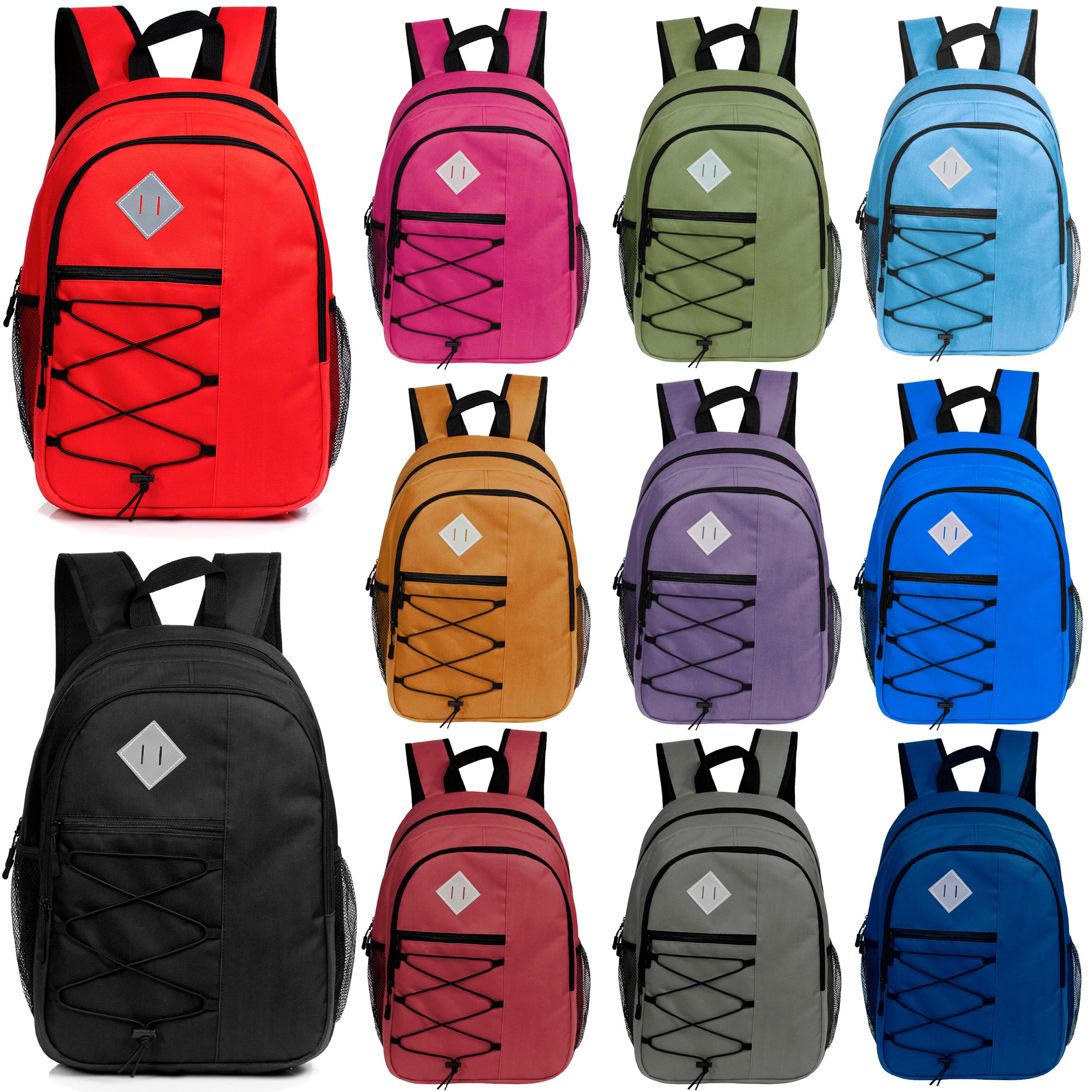 18" Wholesale Backpack - Bungee Design, Padded Back, Laptop Sleeve - Bulk Case of 24