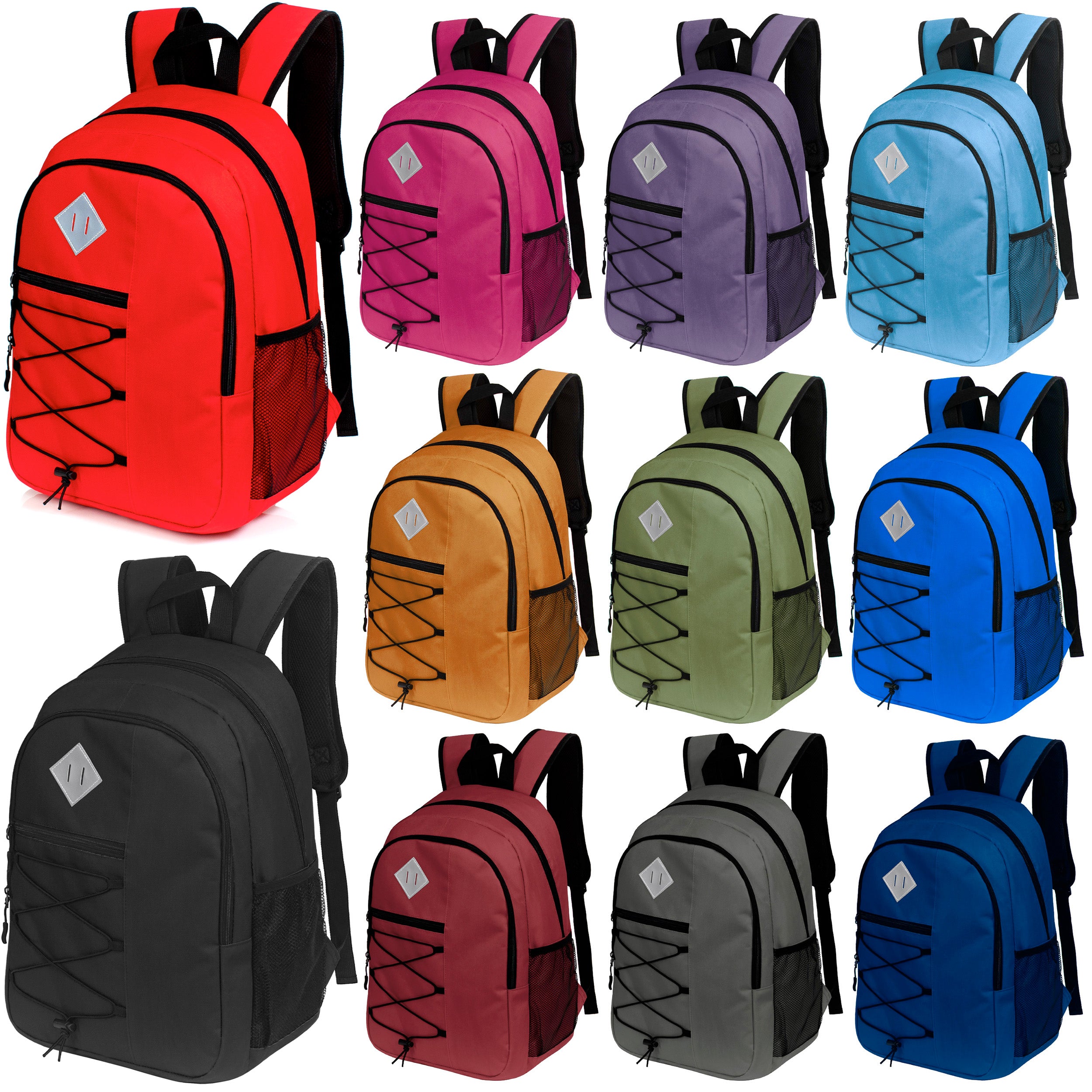18" Wholesale Backpack - Bungee Design, Padded Back, Laptop Sleeve - Bulk Case of 24