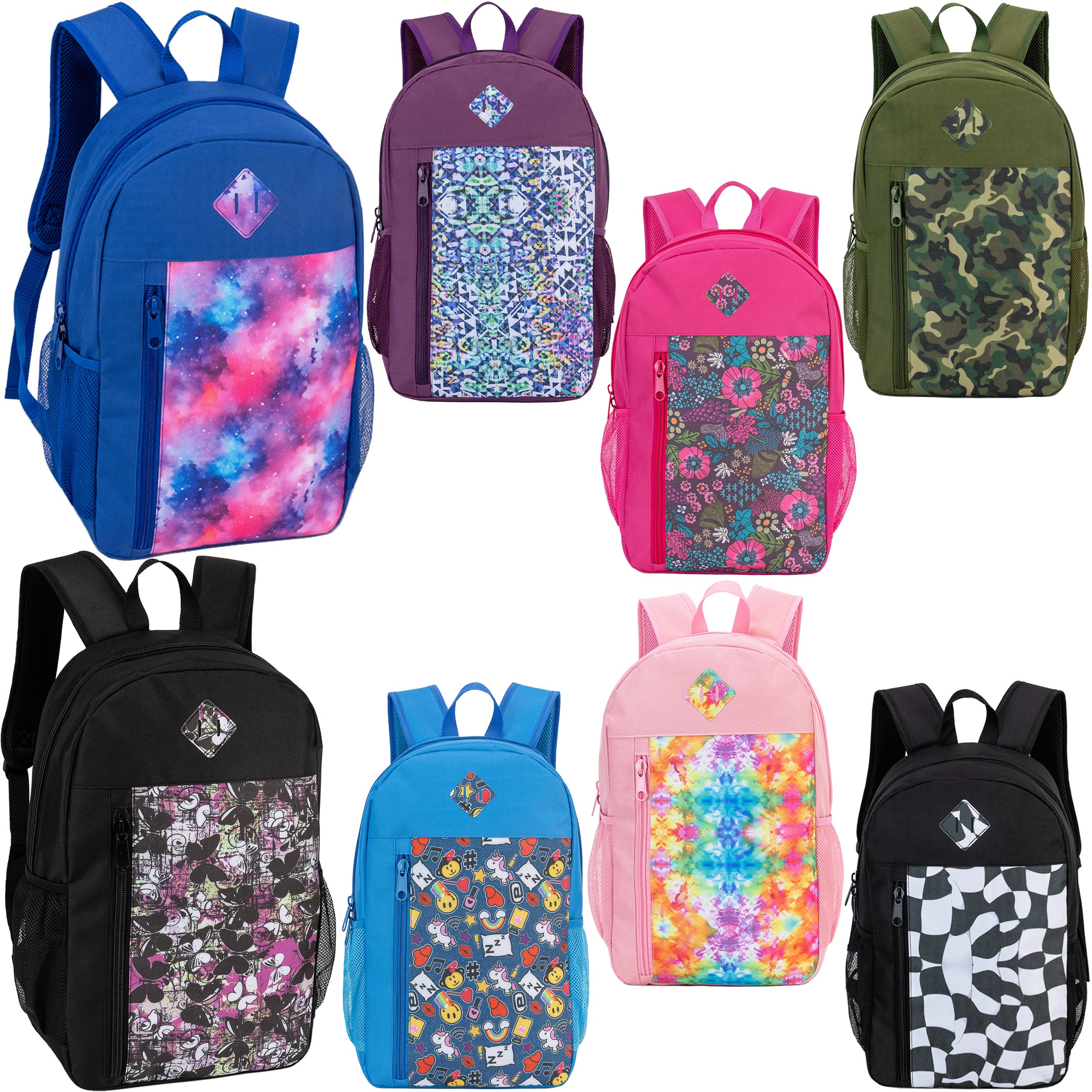 19" Wholesale Backpack in 8 Prints - Padded Back & Mesh Side Pockets - Bulk Case of 24