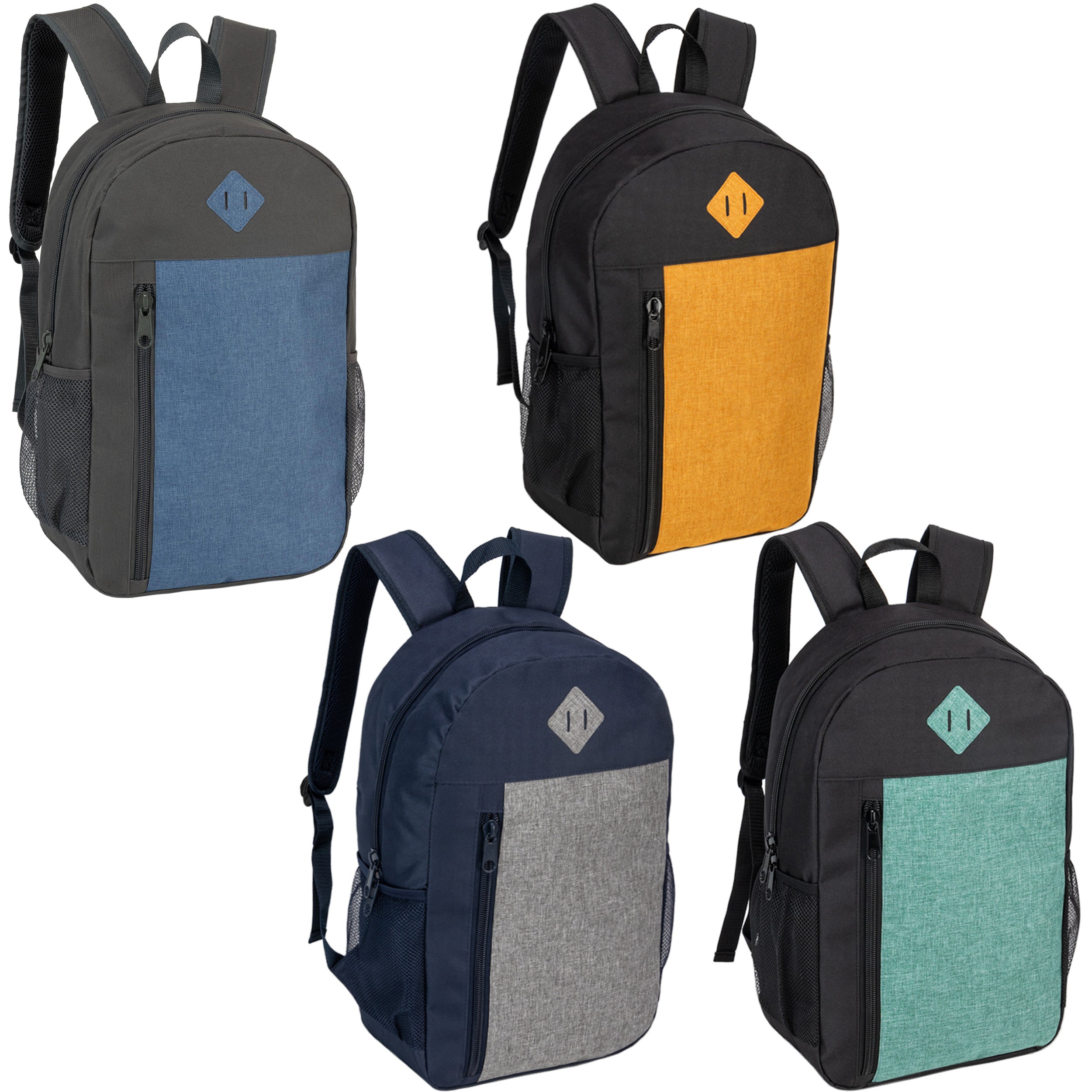 19" Multi Color Wholesale Backpack | Padded Back | Mesh Side Pockets - Bulk Case of 24