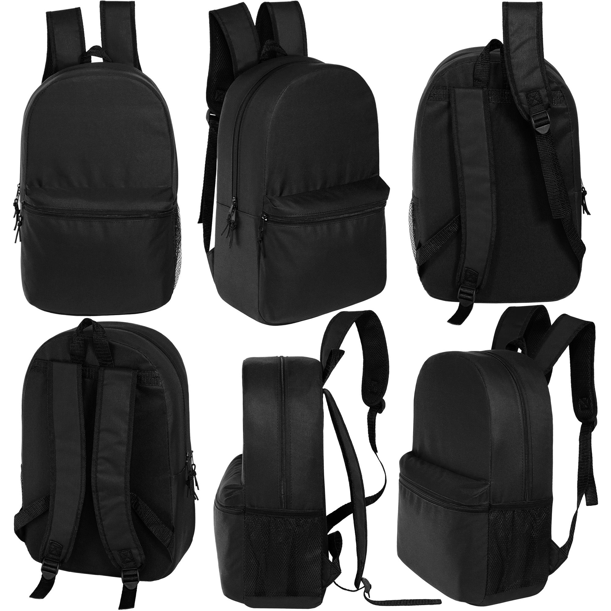 18.5" Basic Wholesale Backpack in Black | Mesh Side Pocket - Bulk Case of 24 Bookbags