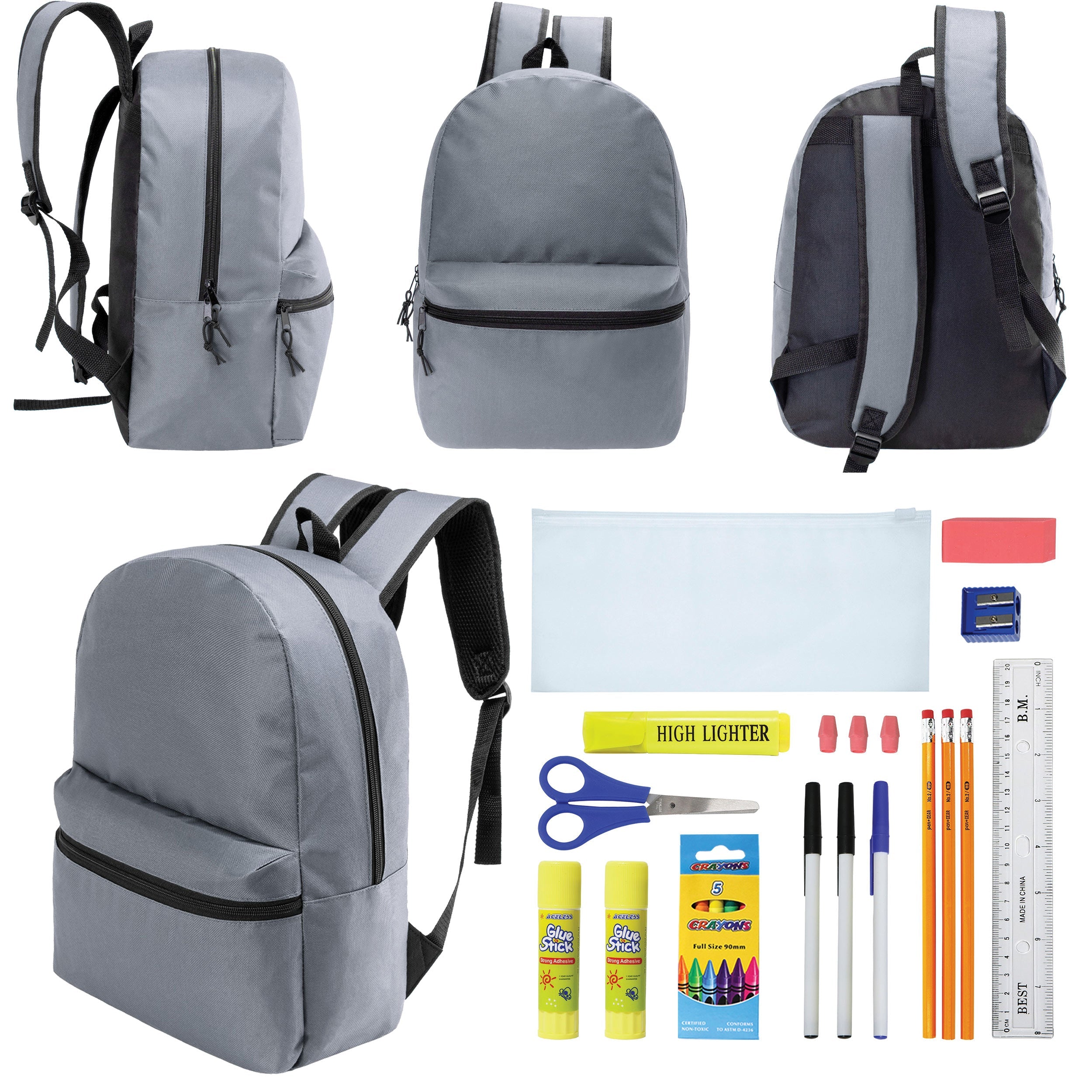 12 Wholesale 17" Basic Backpacks in Cool Gray & 12 Bulk School Supply Kits of Your Choice