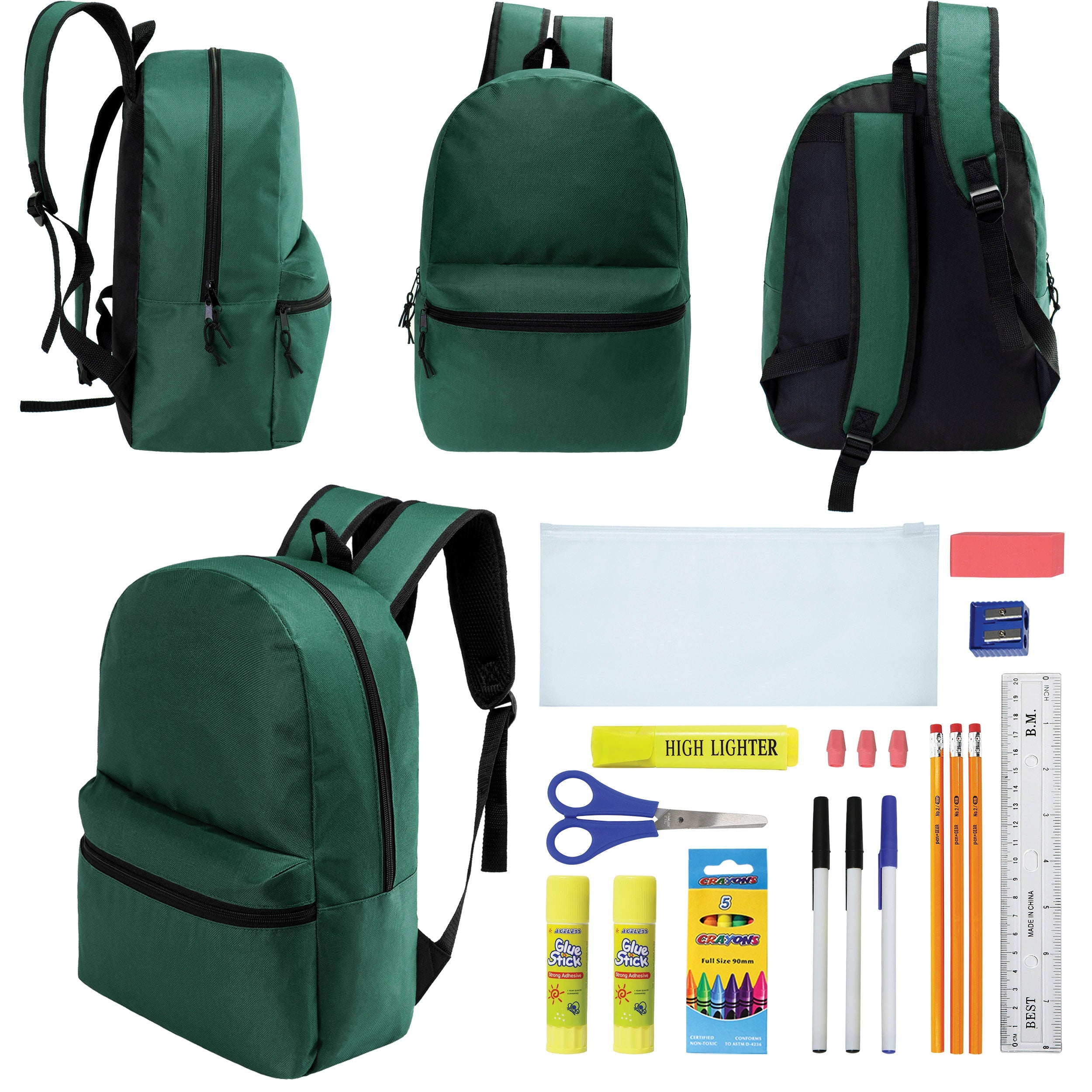 12 Wholesale 17" Basic Backpacks in Dark Green & 12 Bulk School Supply Kits of Your Choice